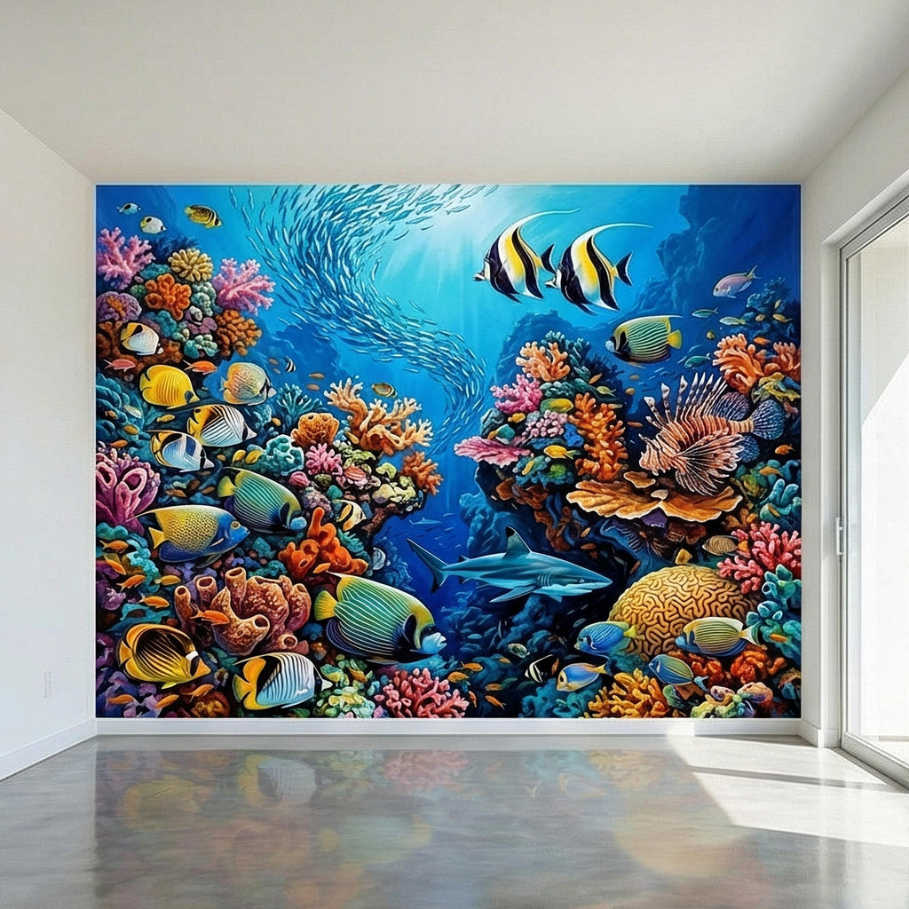 Tropical Coral Reef Peel and Stick Wall Mural, Colorful Ocean Fish Underwater Scene, Vibrant Sea Life Wallpaper
