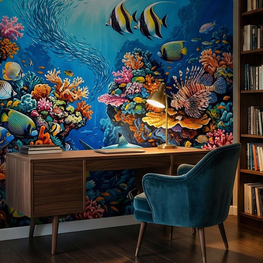 Tropical Coral Reef Peel and Stick Wall Mural, Colorful Ocean Fish Underwater Scene, Vibrant Sea Life Wallpaper