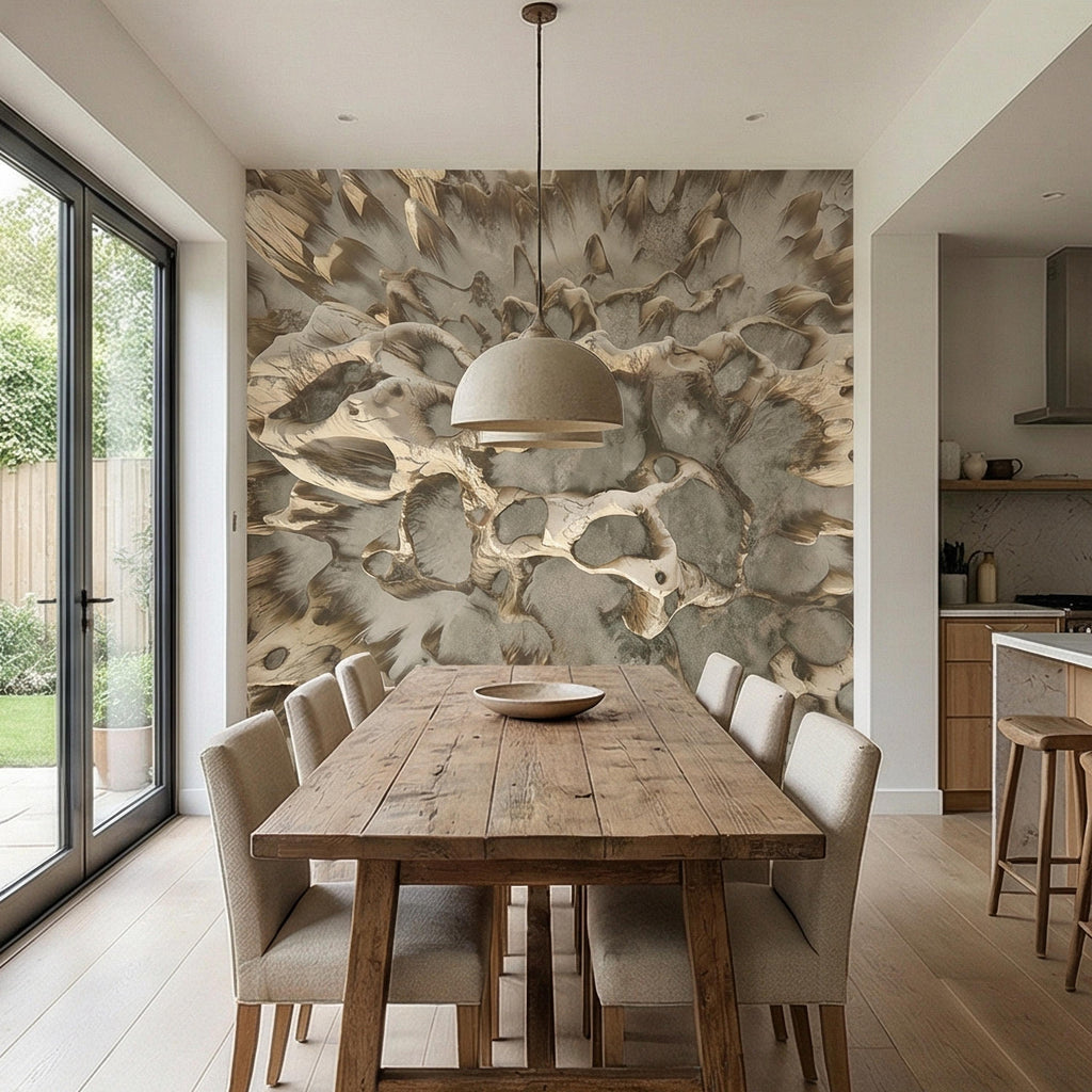 Abstract Organic Texture Peel and Stick Wall Mural, Sculptural Bone Stone Relief, Neutral Beige Taupe 3D Fossil Form Textured Wallpaper