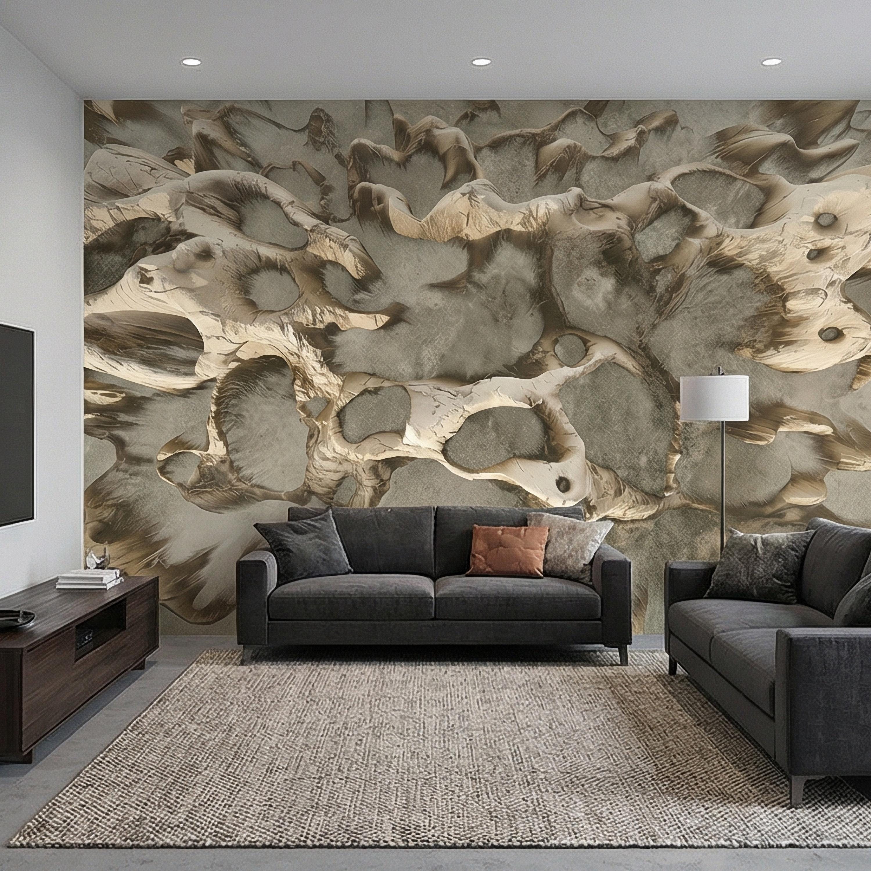 Abstract Organic Texture Peel and Stick Wall Mural, Sculptural Bone Stone Relief, Neutral Beige Taupe 3D Fossil Form Textured Wallpaper