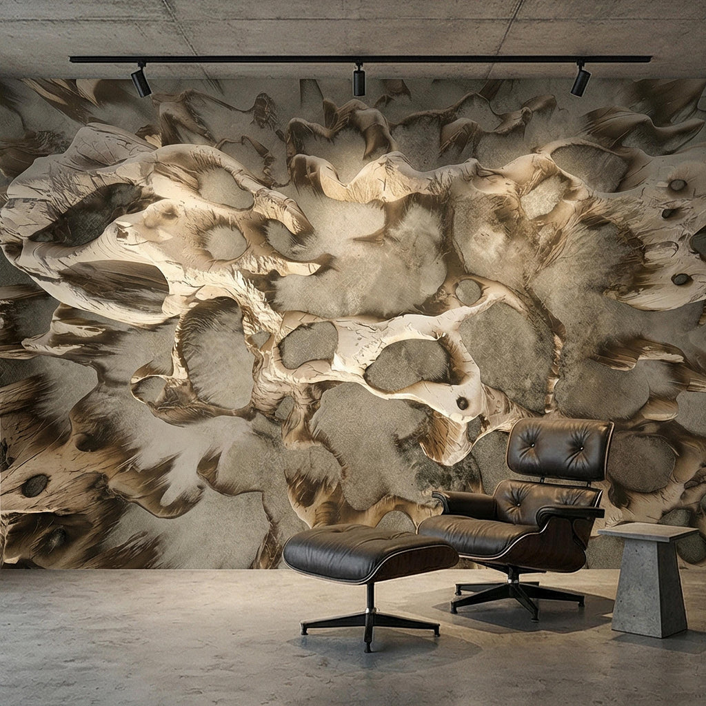 Abstract Organic Texture Peel and Stick Wall Mural, Sculptural Bone Stone Relief, Neutral Beige Taupe 3D Fossil Form Textured Wallpaper