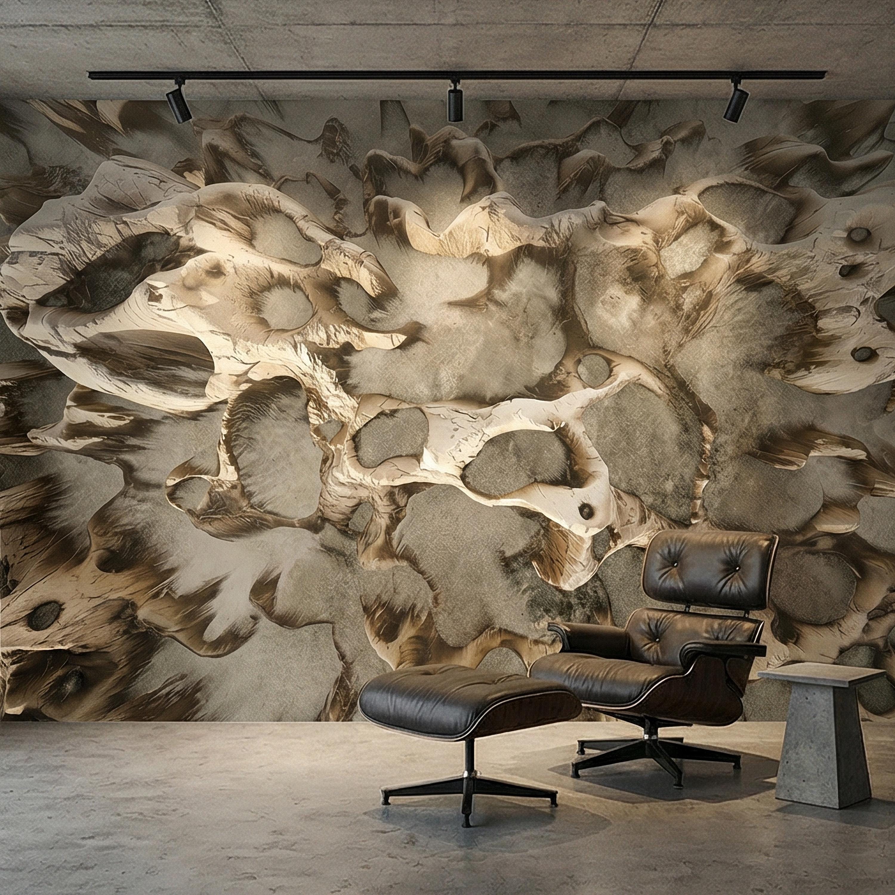 Abstract Organic Texture Peel and Stick Wall Mural, Sculptural Bone Stone Relief, Neutral Beige Taupe 3D Fossil Form Textured Wallpaper