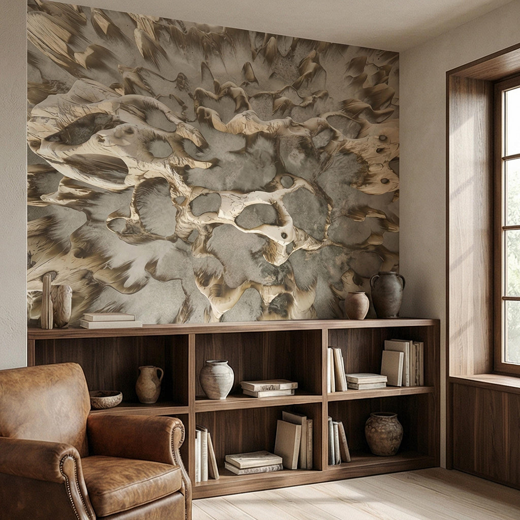 Abstract Organic Texture Peel and Stick Wall Mural, Sculptural Bone Stone Relief, Neutral Beige Taupe 3D Fossil Form Textured Wallpaper