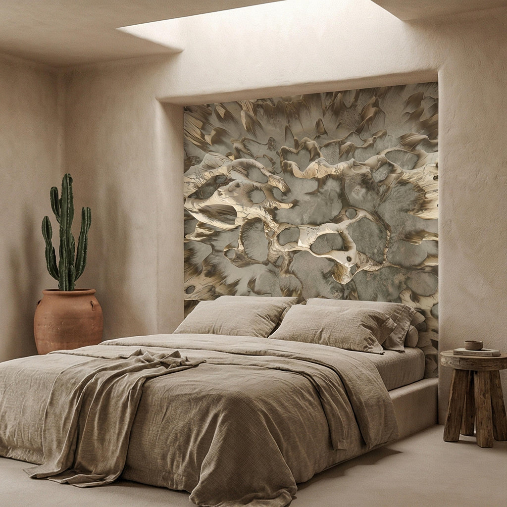 Abstract Organic Texture Peel and Stick Wall Mural, Sculptural Bone Stone Relief, Neutral Beige Taupe 3D Fossil Form Textured Wallpaper