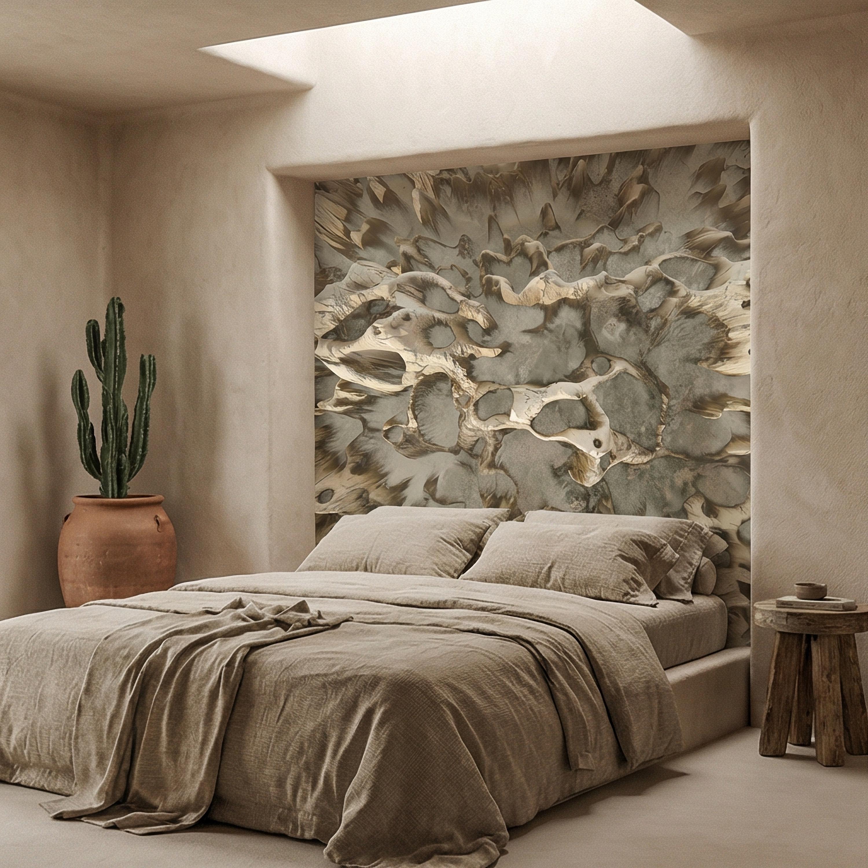 Abstract Organic Texture Peel and Stick Wall Mural, Sculptural Bone Stone Relief, Neutral Beige Taupe 3D Fossil Form Textured Wallpaper