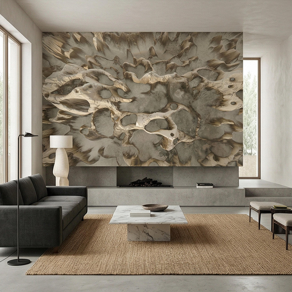 Abstract Organic Texture Peel and Stick Wall Mural, Sculptural Bone Stone Relief, Neutral Beige Taupe 3D Fossil Form Textured Wallpaper
