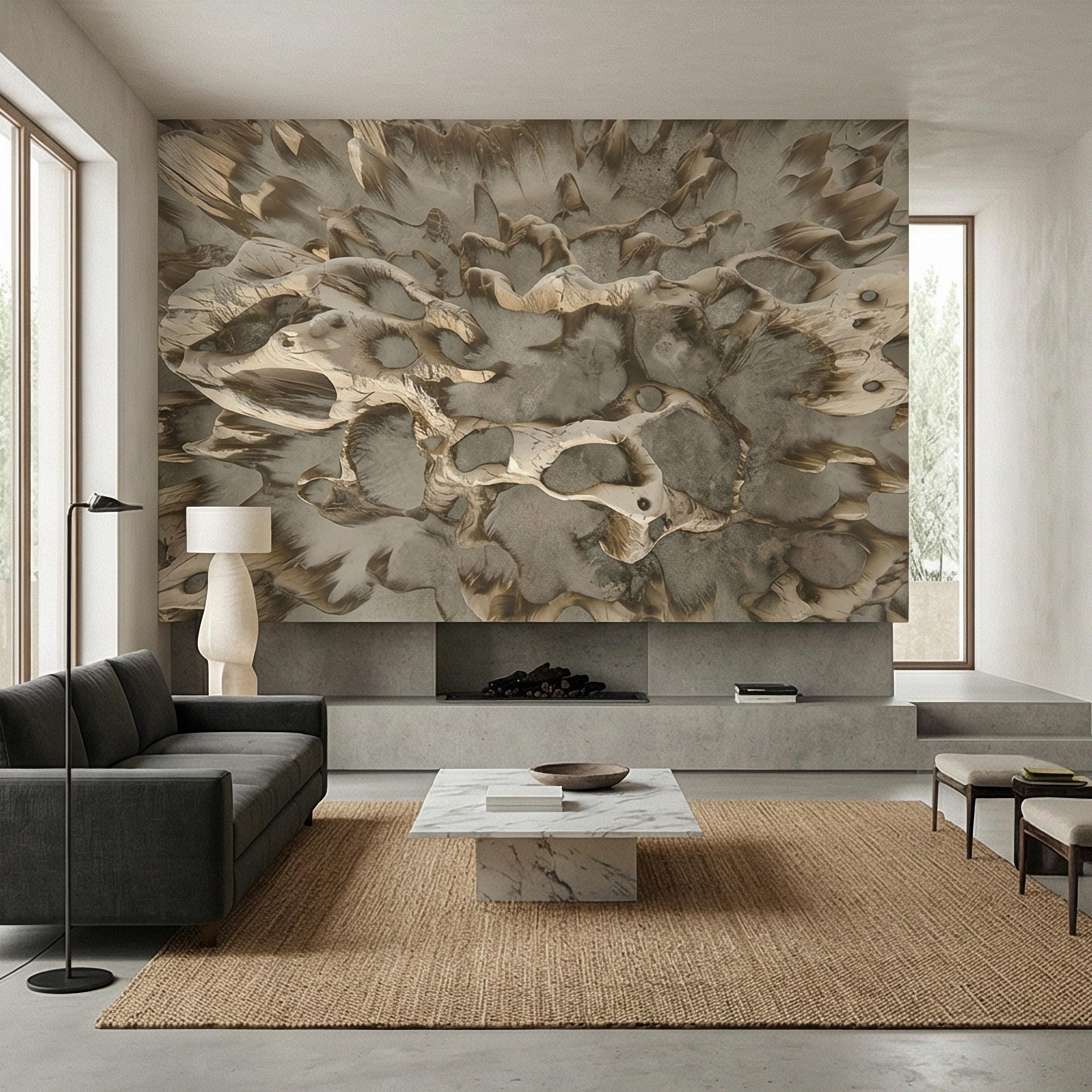 Abstract Organic Texture Peel and Stick Wall Mural, Sculptural Bone Stone Relief, Neutral Beige Taupe 3D Fossil Form Textured Wallpaper