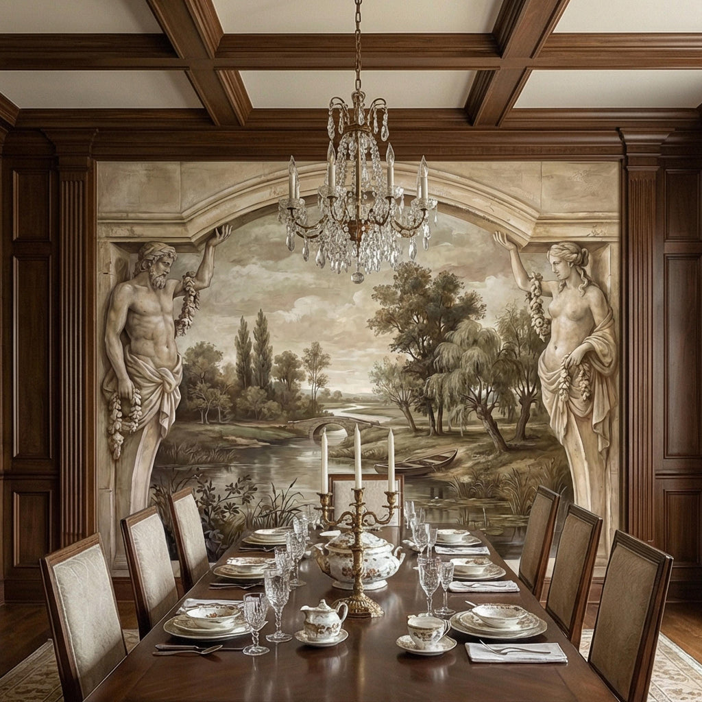 Classical Fresco Peel and Stick Wall Mural, Antique Greco Roman Landscape, Old World Trompe L’Oeil Archway Wallpaper