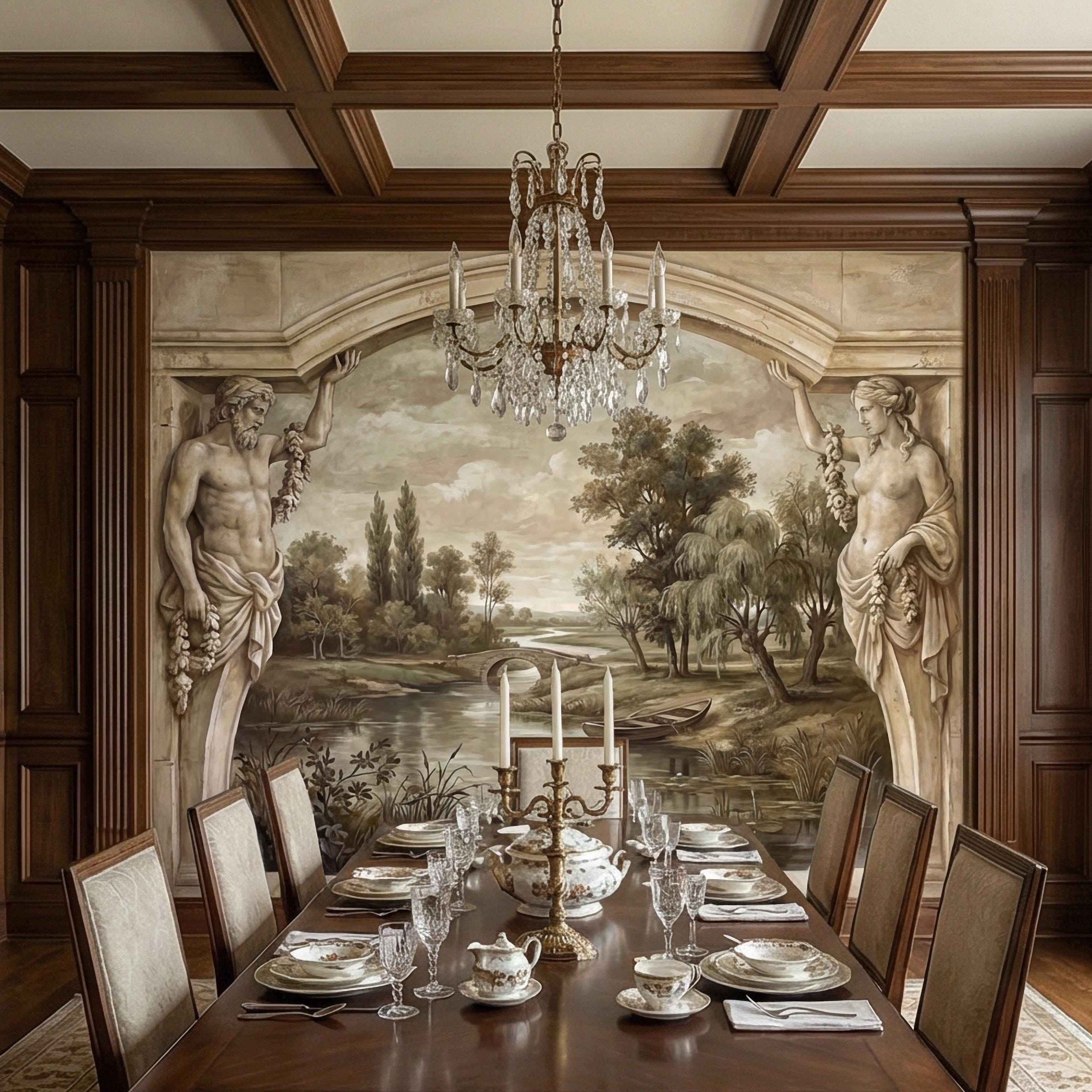 Classical Fresco Peel and Stick Wall Mural, Antique Greco Roman Landscape, Old World Trompe L’Oeil Archway Wallpaper