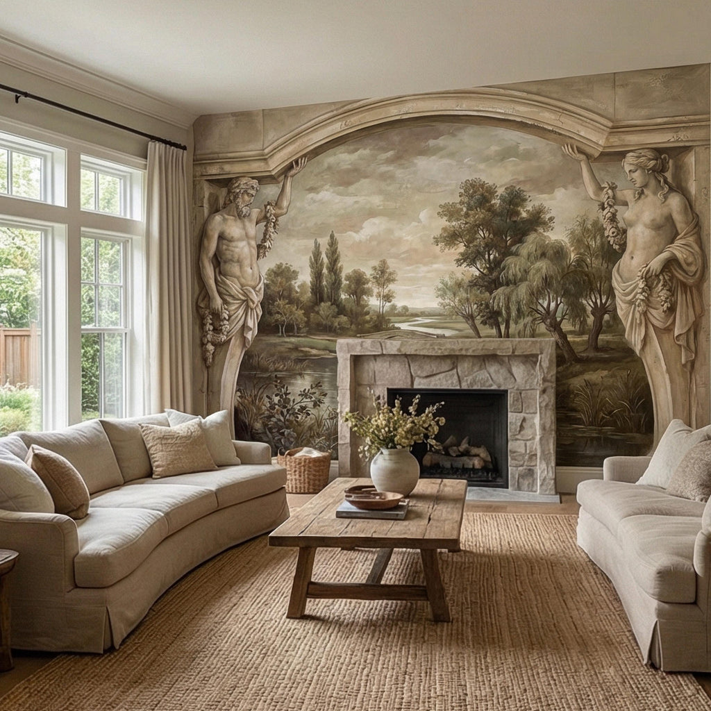 Classical Fresco Peel and Stick Wall Mural, Antique Greco Roman Landscape, Old World Trompe L’Oeil Archway Wallpaper