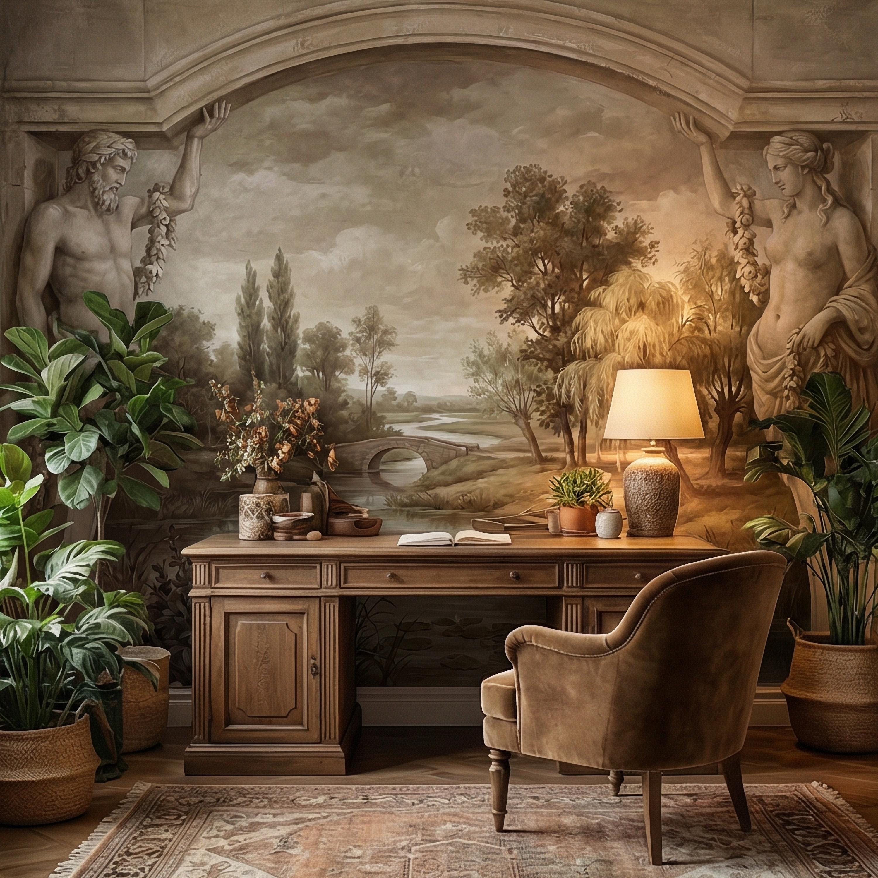 Classical Fresco Peel and Stick Wall Mural, Antique Greco Roman Landscape, Old World Trompe L’Oeil Archway Wallpaper