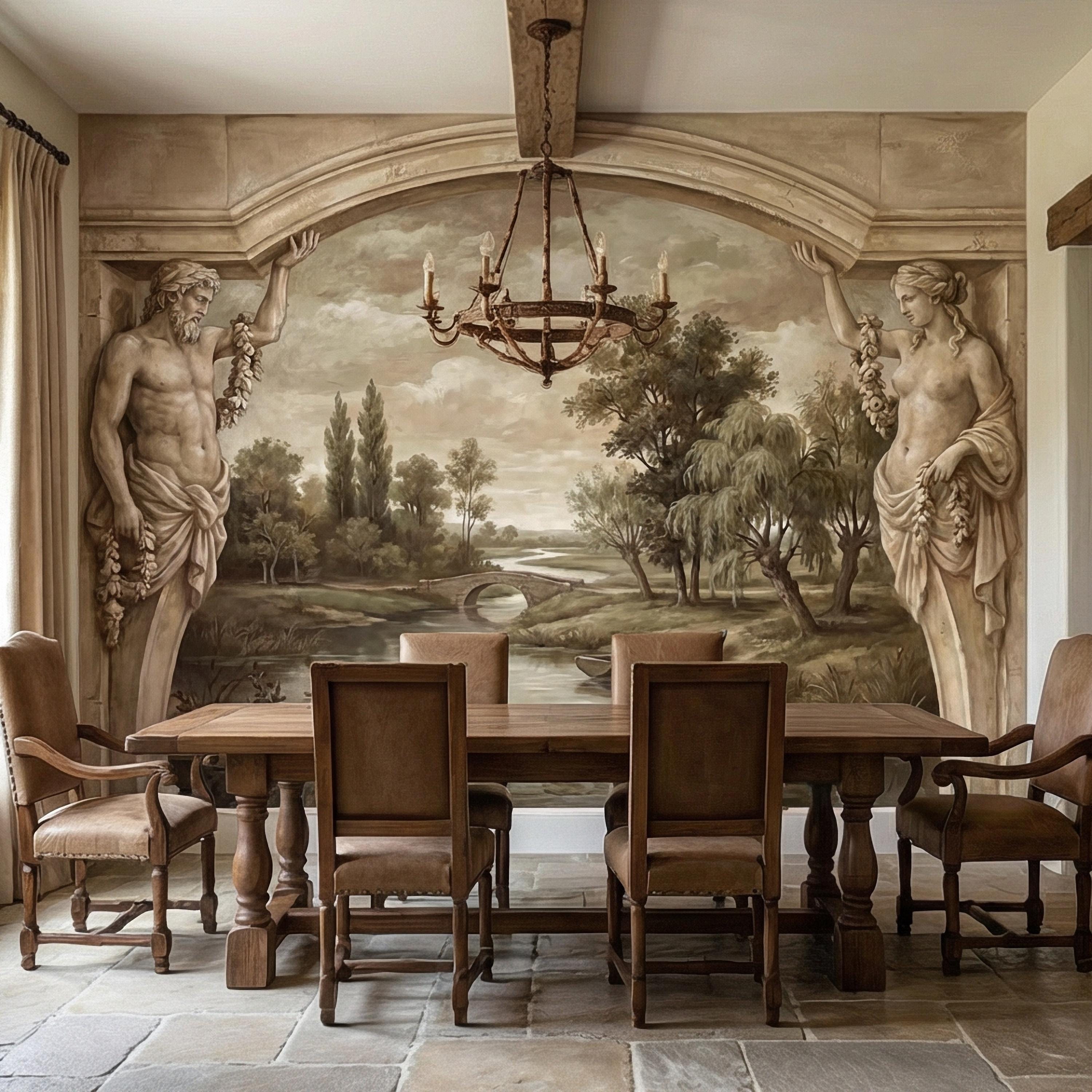 Classical Fresco Peel and Stick Wall Mural, Antique Greco Roman Landscape, Old World Trompe L’Oeil Archway Wallpaper