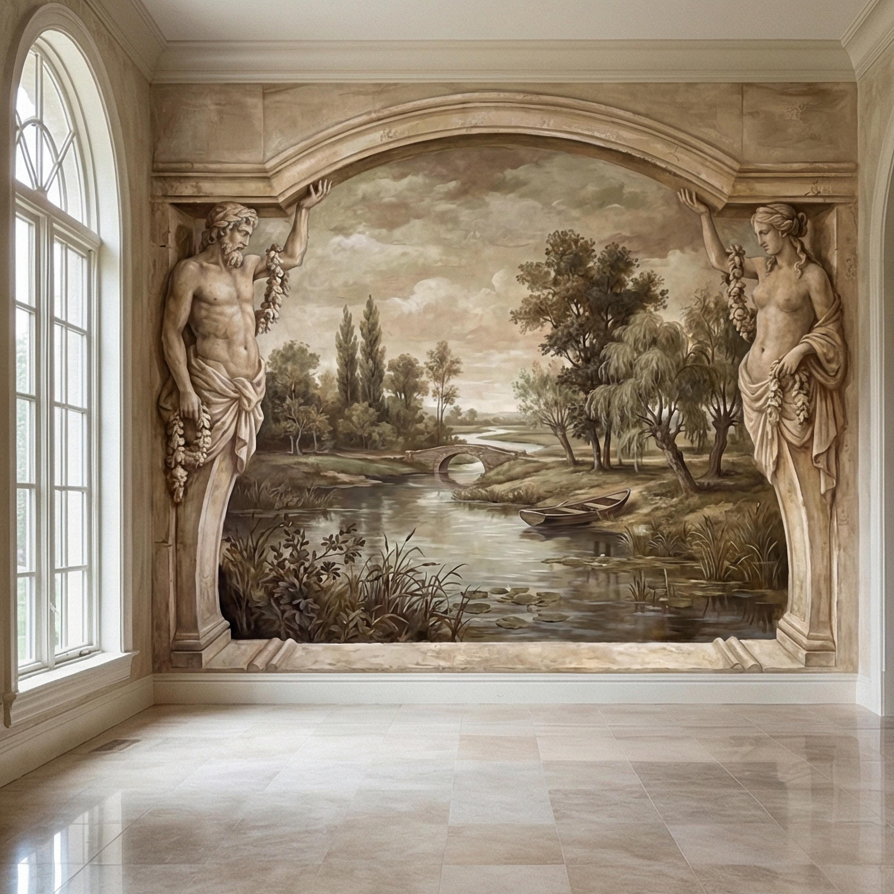 Classical Fresco Peel and Stick Wall Mural, Antique Greco Roman Landscape, Old World Trompe L’Oeil Archway Wallpaper