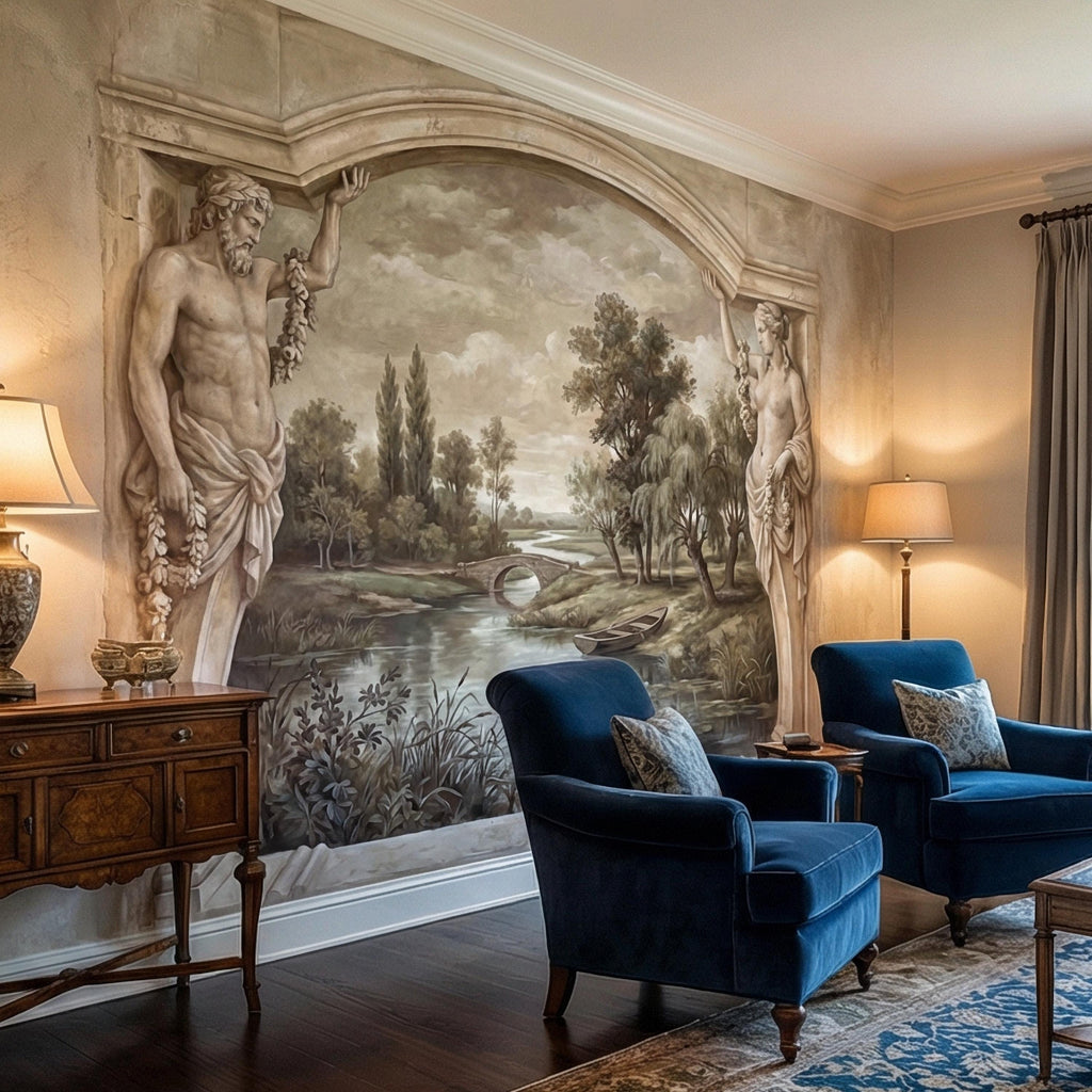Classical Fresco Peel and Stick Wall Mural, Antique Greco Roman Landscape, Old World Trompe L’Oeil Archway Wallpaper