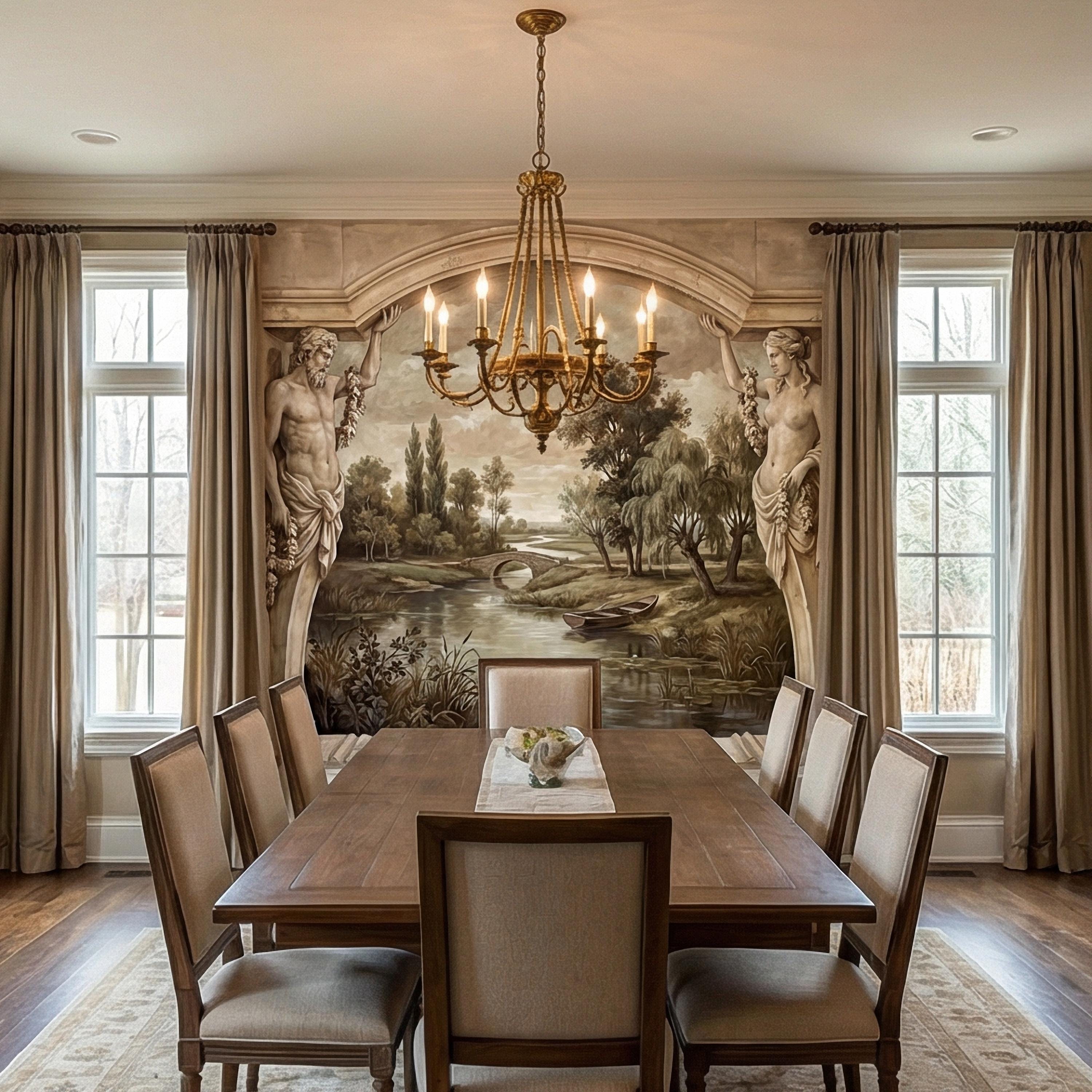Classical Fresco Peel and Stick Wall Mural, Antique Greco Roman Landscape, Old World Trompe L’Oeil Archway Wallpaper