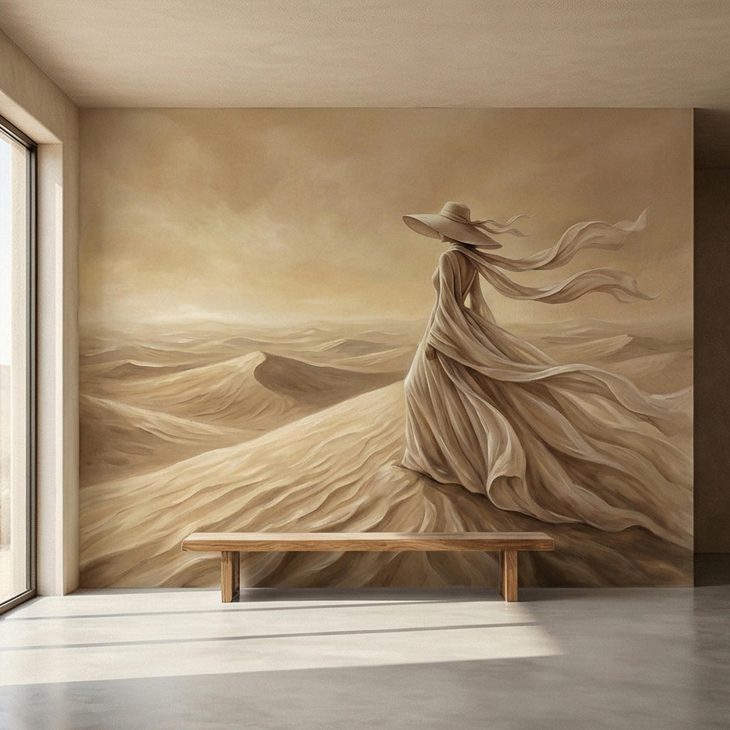 Desert Woman Peel and Stick Wall Mural, Ethereal Sand Dunes Scene, Neutral Beige Boho Figure, Windblown Dress Surreal Landscape Wallpaper