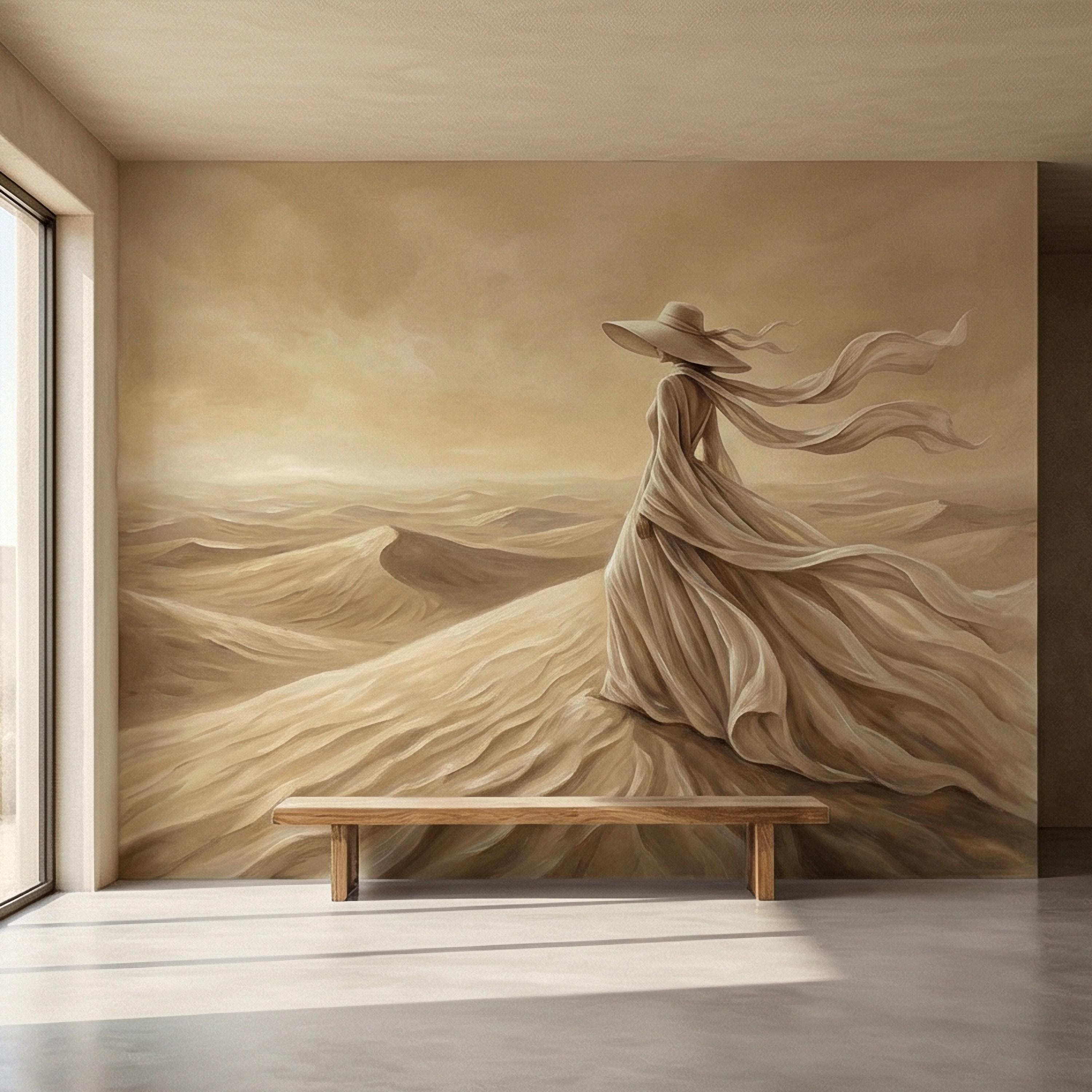 Desert Woman Peel and Stick Wall Mural, Ethereal Sand Dunes Scene, Neutral Beige Boho Figure, Windblown Dress Surreal Landscape Wallpaper
