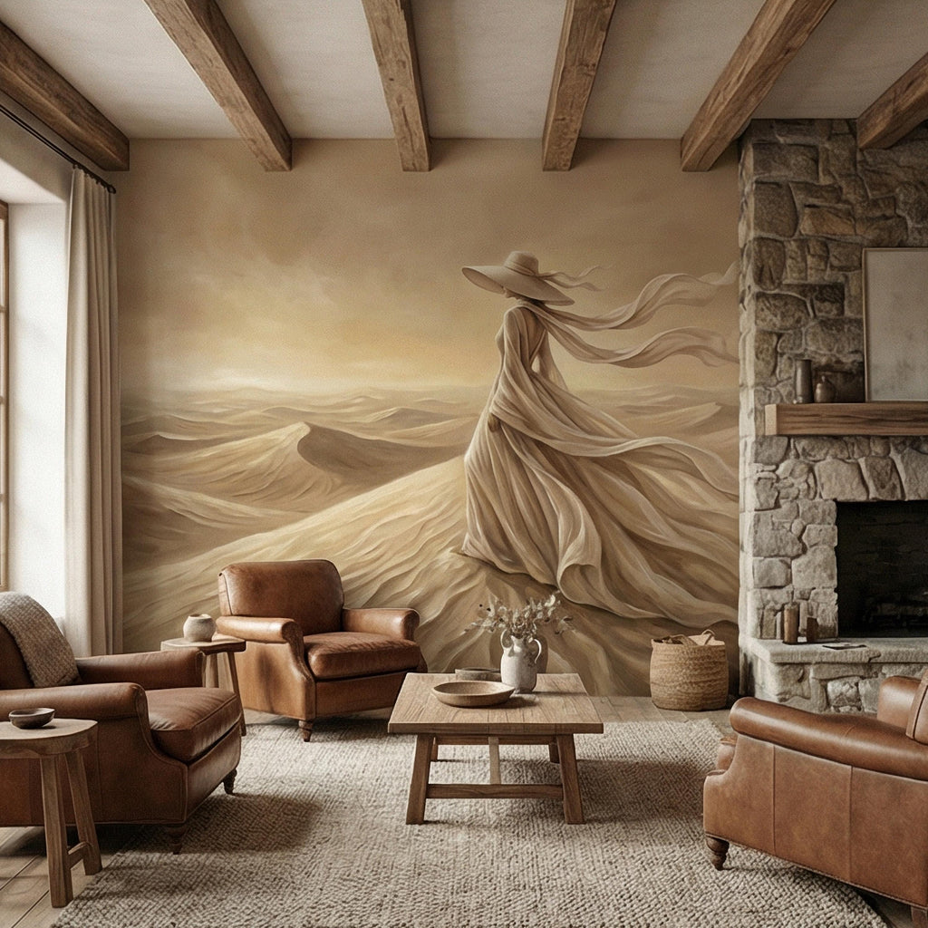 Desert Woman Peel and Stick Wall Mural, Ethereal Sand Dunes Scene, Neutral Beige Boho Figure, Windblown Dress Surreal Landscape Wallpaper