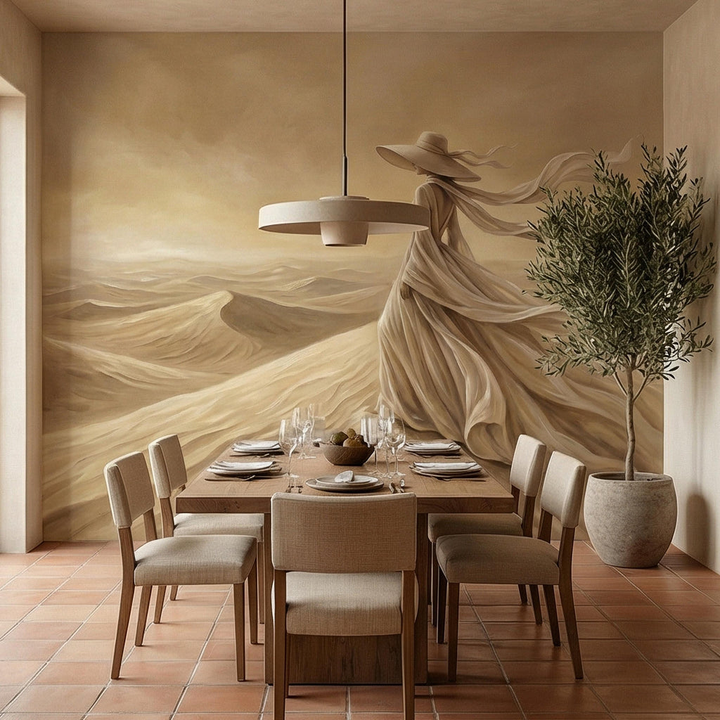 Desert Woman Peel and Stick Wall Mural, Ethereal Sand Dunes Scene, Neutral Beige Boho Figure, Windblown Dress Surreal Landscape Wallpaper