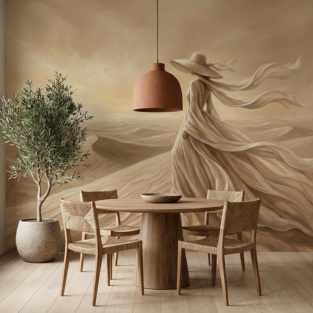 Desert Woman Peel and Stick Wall Mural, Ethereal Sand Dunes Scene, Neutral Beige Boho Figure, Windblown Dress Surreal Landscape Wallpaper