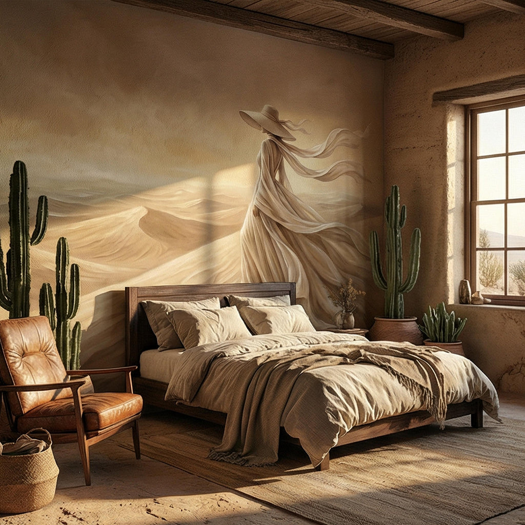 Desert Woman Peel and Stick Wall Mural, Ethereal Sand Dunes Scene, Neutral Beige Boho Figure, Windblown Dress Surreal Landscape Wallpaper