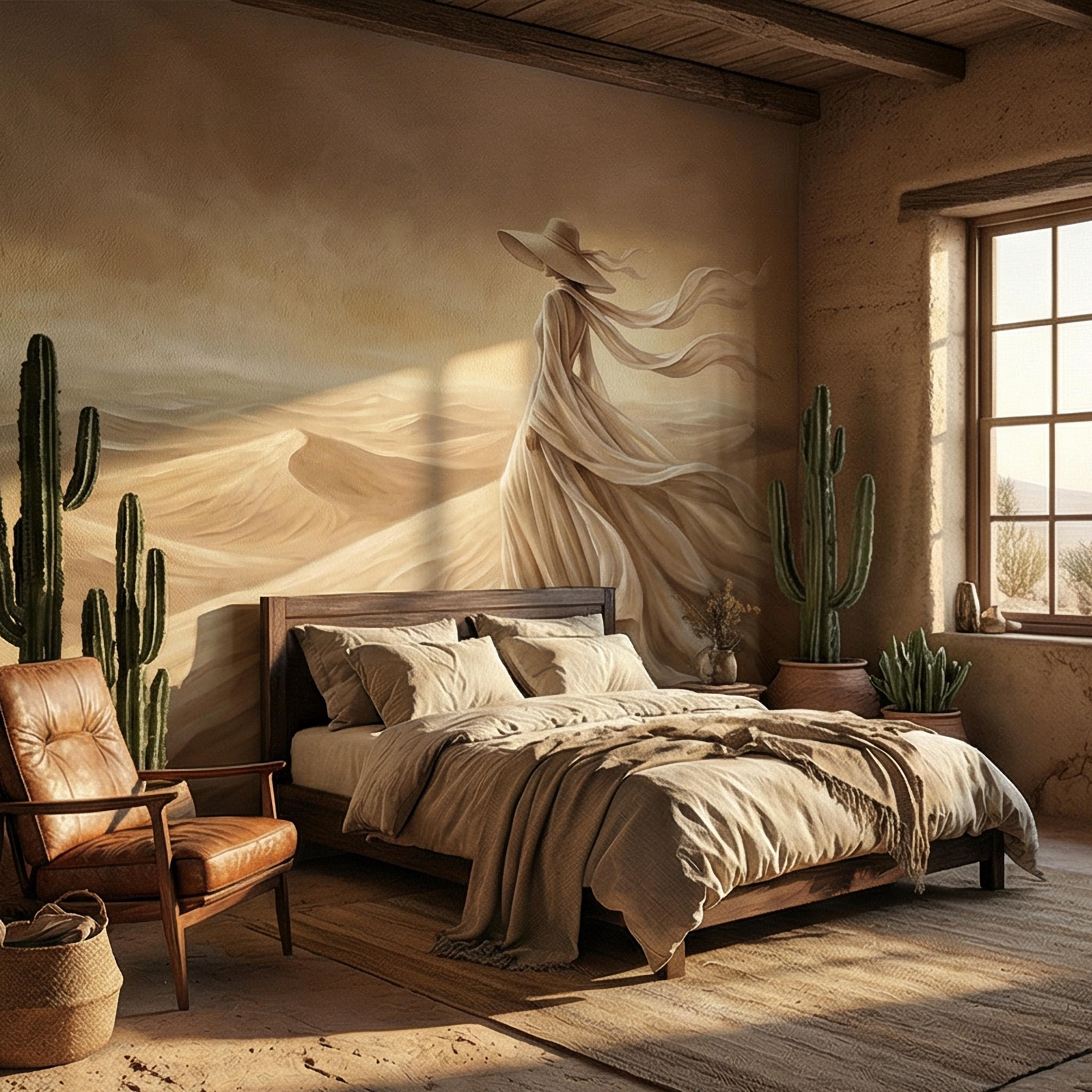 Desert Woman Peel and Stick Wall Mural, Ethereal Sand Dunes Scene, Neutral Beige Boho Figure, Windblown Dress Surreal Landscape Wallpaper