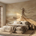 Desert Woman Peel and Stick Wall Mural, Ethereal Sand Dunes Scene, Neutral Beige Boho Figure, Windblown Dress Surreal Landscape Wallpaper