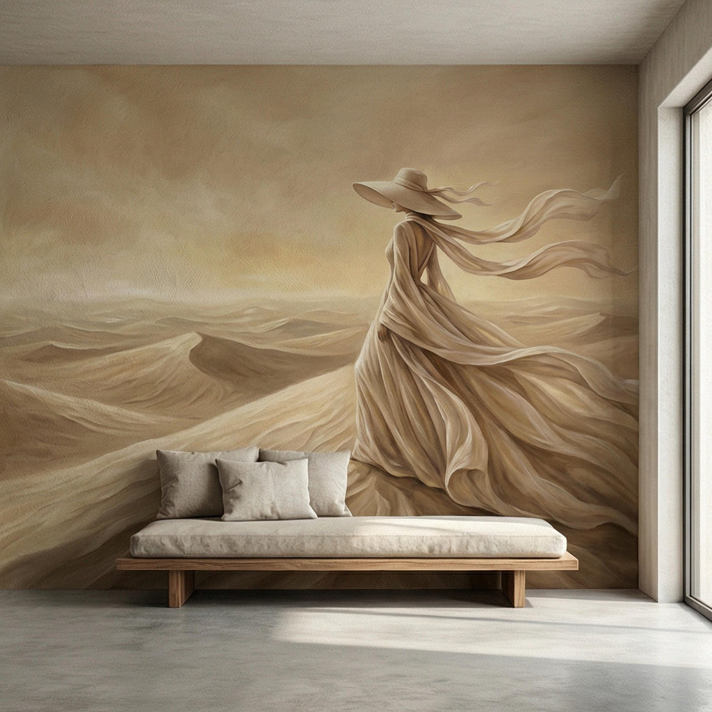 Desert Woman Peel and Stick Wall Mural, Ethereal Sand Dunes Scene, Neutral Beige Boho Figure, Windblown Dress Surreal Landscape Wallpaper