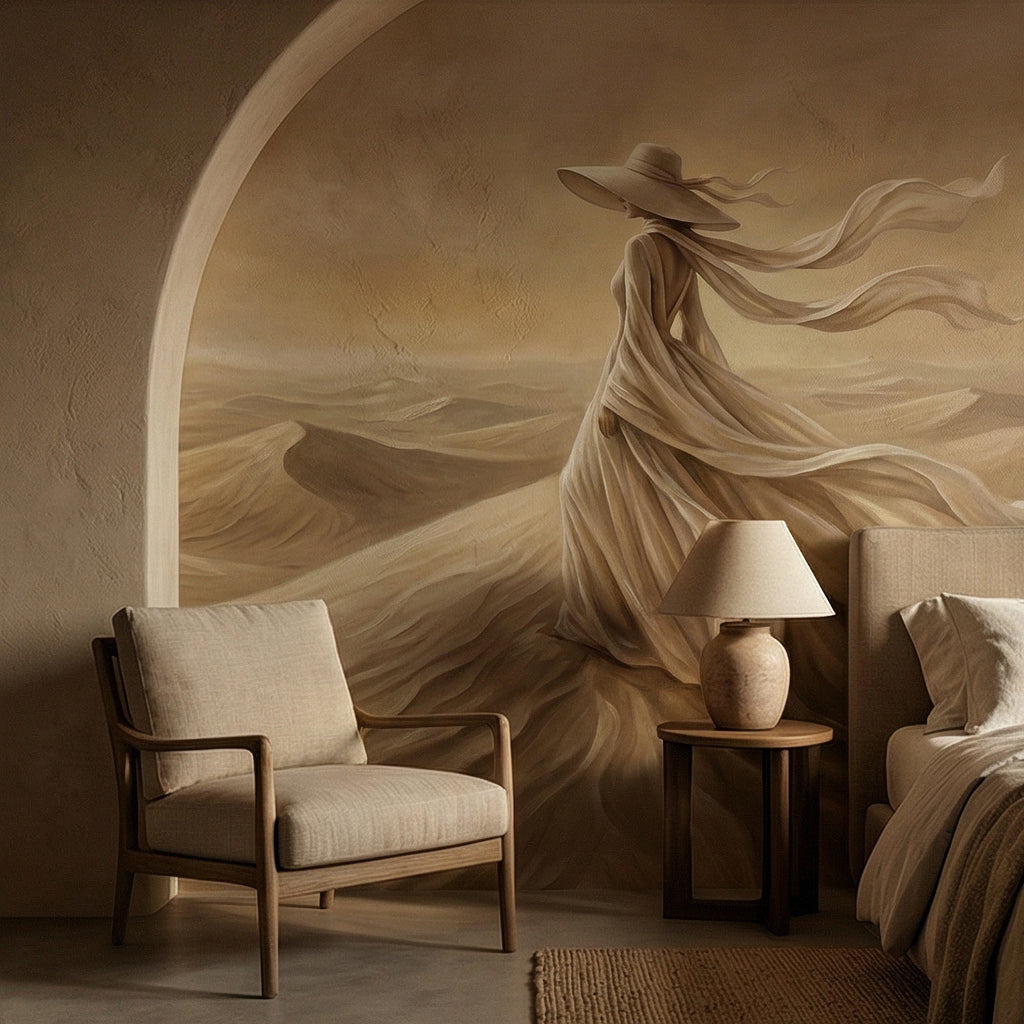 Desert Woman Peel and Stick Wall Mural, Ethereal Sand Dunes Scene, Neutral Beige Boho Figure, Windblown Dress Surreal Landscape Wallpaper
