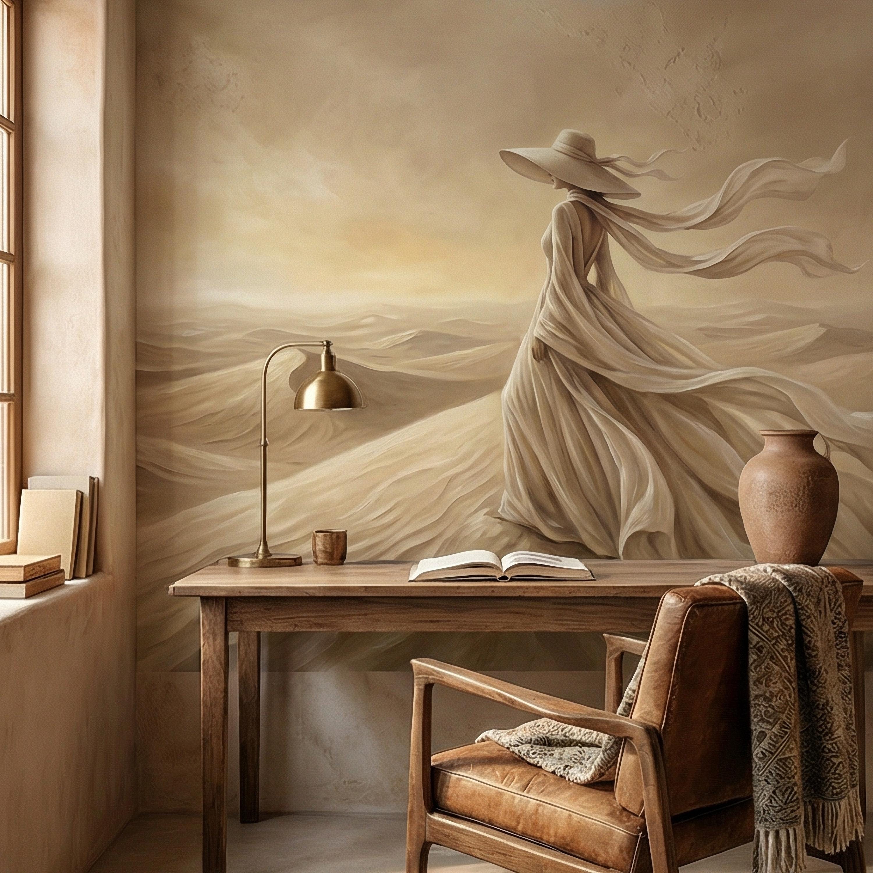 Desert Woman Peel and Stick Wall Mural, Ethereal Sand Dunes Scene, Neutral Beige Boho Figure, Windblown Dress Surreal Landscape Wallpaper