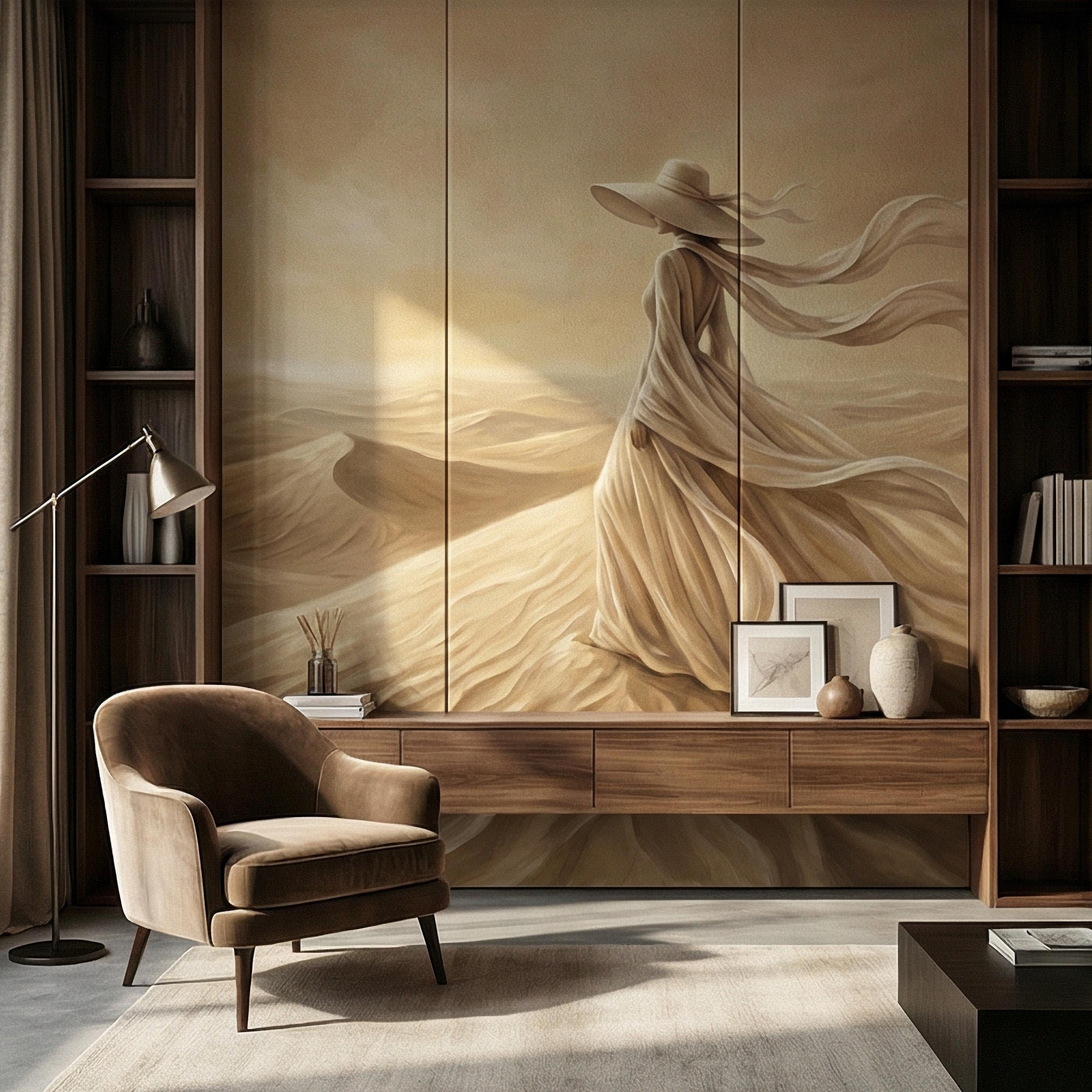 Desert Woman Peel and Stick Wall Mural, Ethereal Sand Dunes Scene, Neutral Beige Boho Figure, Windblown Dress Surreal Landscape Wallpaper