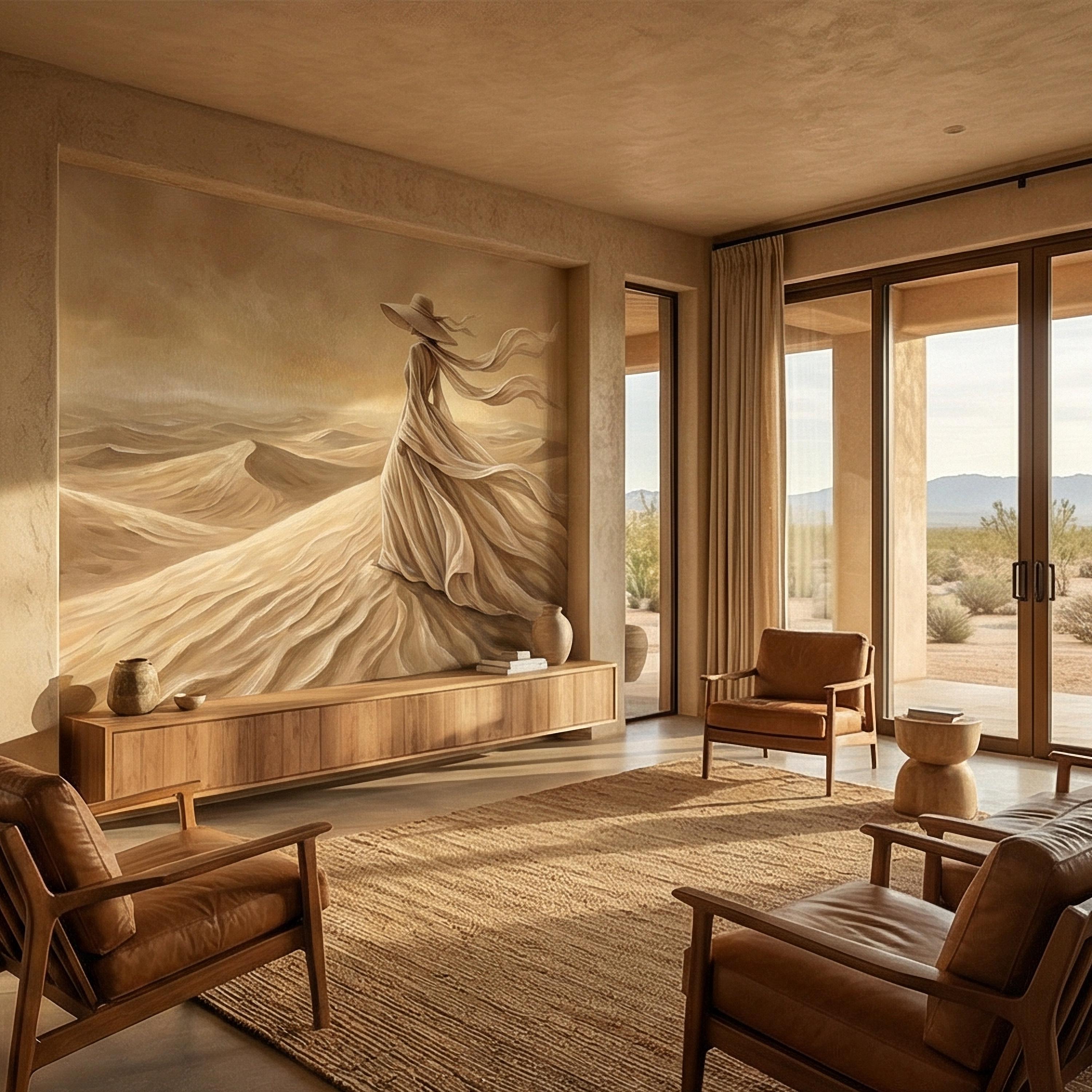 Desert Woman Peel and Stick Wall Mural, Ethereal Sand Dunes Scene, Neutral Beige Boho Figure, Windblown Dress Surreal Landscape Wallpaper