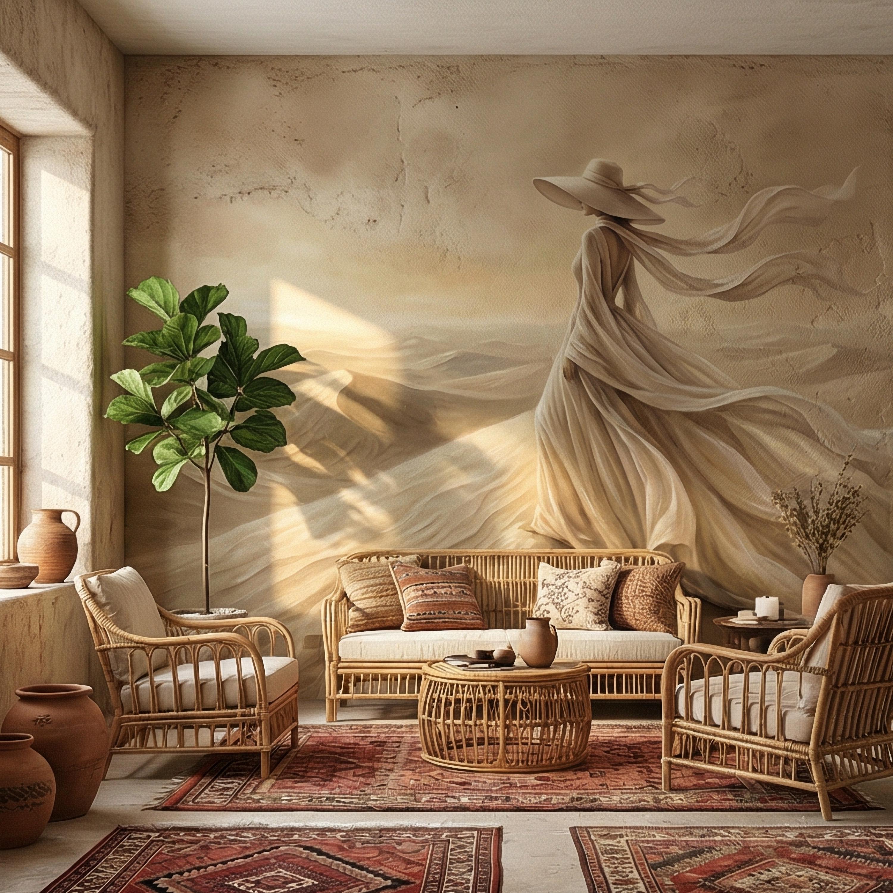 Desert Woman Peel and Stick Wall Mural, Ethereal Sand Dunes Scene, Neutral Beige Boho Figure, Windblown Dress Surreal Landscape Wallpaper