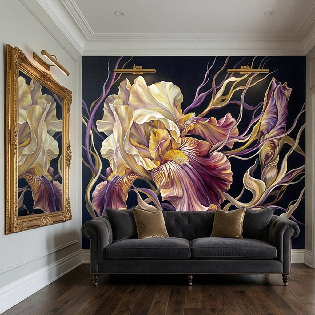Dramatic Iris Floral Peel and Stick Wall Mural, Moody Purple Cream Botanical Bloom, Large Scale Painterly Dark Floral Statement Wallpaper