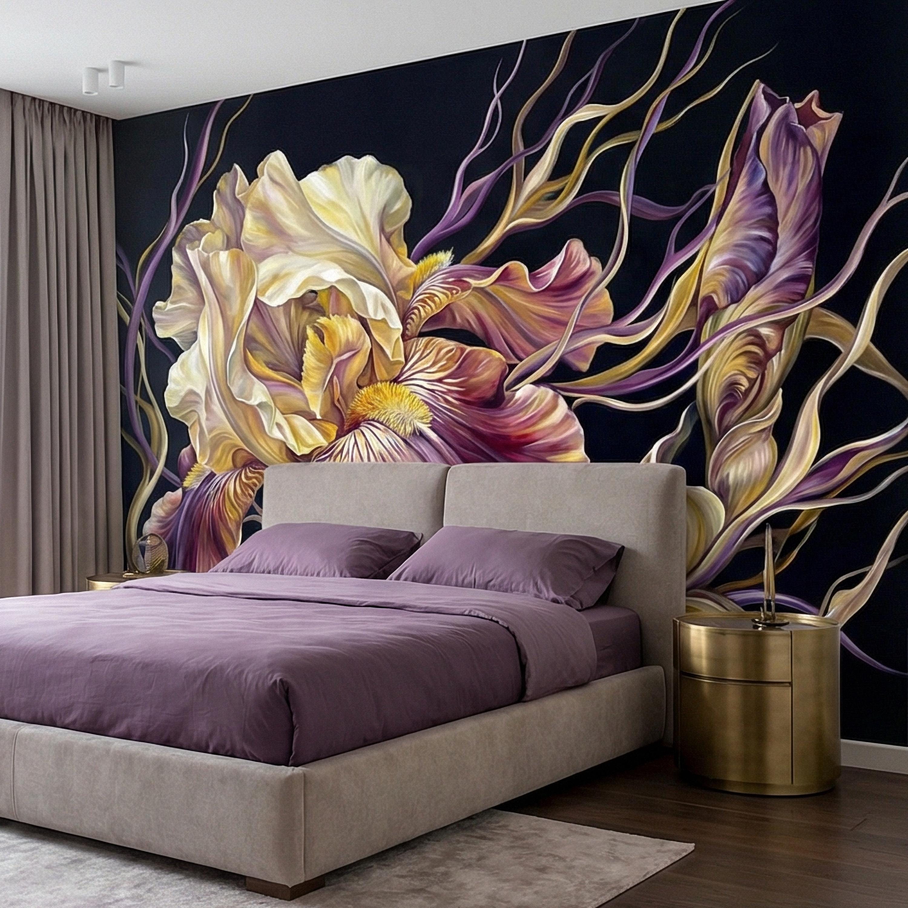 Dramatic Iris Floral Peel and Stick Wall Mural, Moody Purple Cream Botanical Bloom, Large Scale Painterly Dark Floral Statement Wallpaper