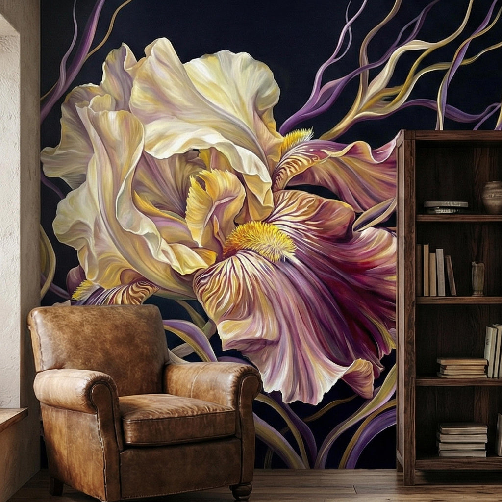 Dramatic Iris Floral Peel and Stick Wall Mural, Moody Purple Cream Botanical Bloom, Large Scale Painterly Dark Floral Statement Wallpaper