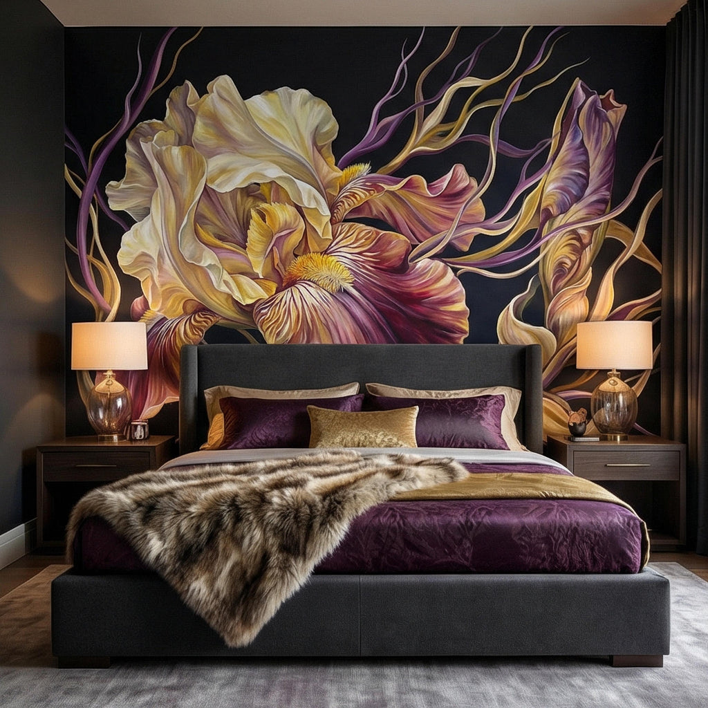 Dramatic Iris Floral Peel and Stick Wall Mural, Moody Purple Cream Botanical Bloom, Large Scale Painterly Dark Floral Statement Wallpaper