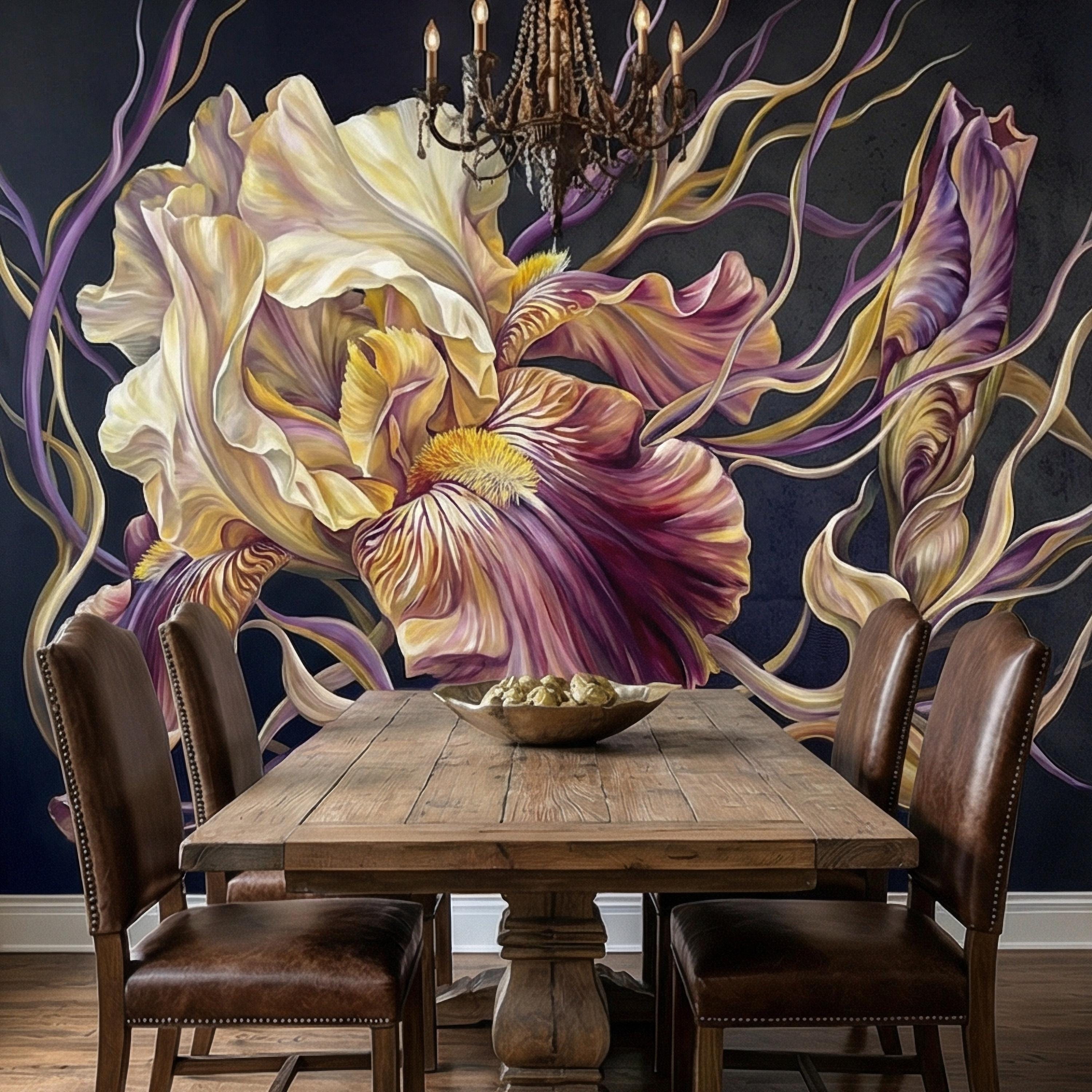 Dramatic Iris Floral Peel and Stick Wall Mural, Moody Purple Cream Botanical Bloom, Large Scale Painterly Dark Floral Statement Wallpaper