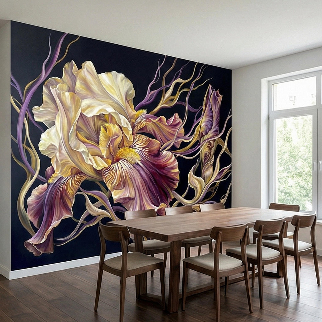 Dramatic Iris Floral Peel and Stick Wall Mural, Moody Purple Cream Botanical Bloom, Large Scale Painterly Dark Floral Statement Wallpaper