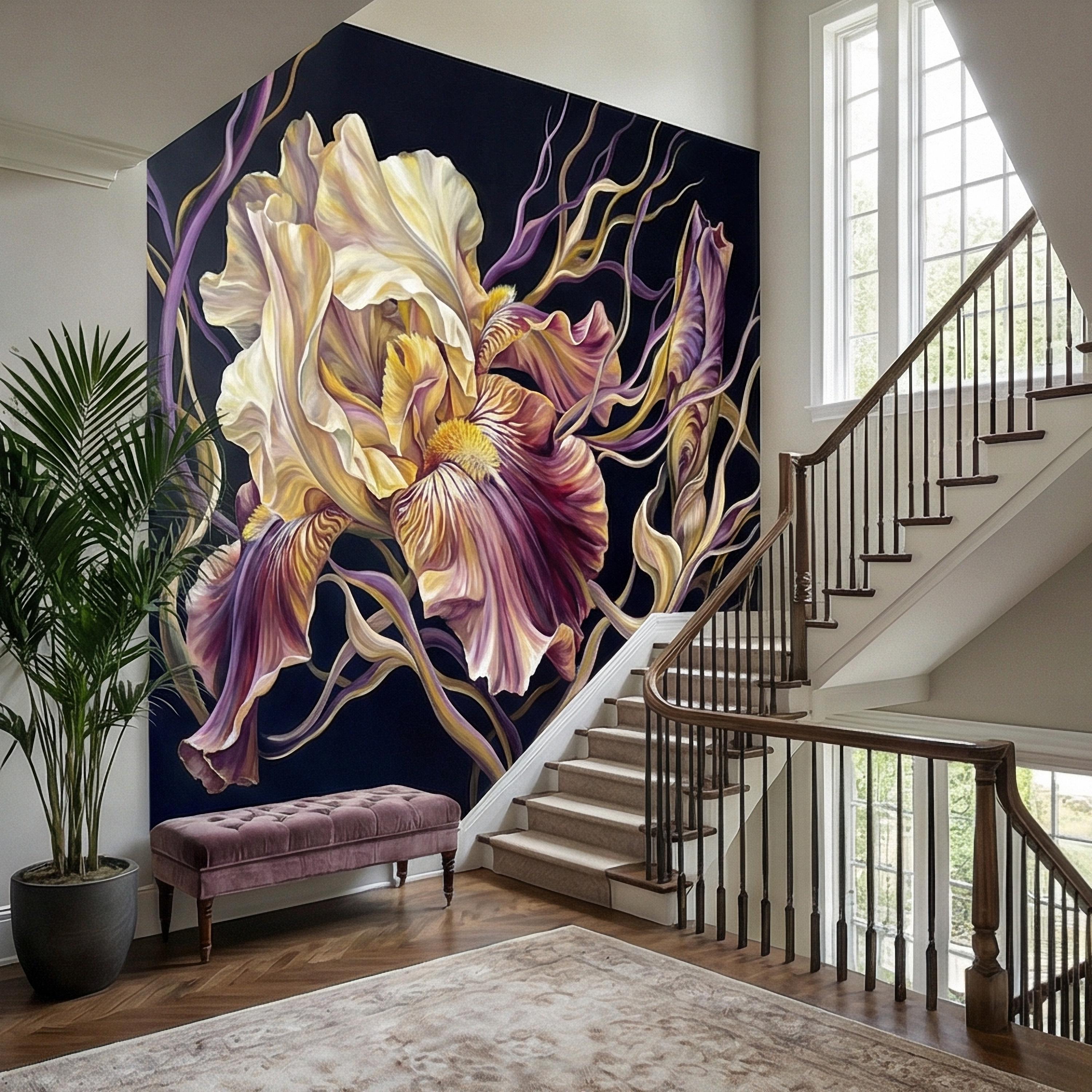 Dramatic Iris Floral Peel and Stick Wall Mural, Moody Purple Cream Botanical Bloom, Large Scale Painterly Dark Floral Statement Wallpaper