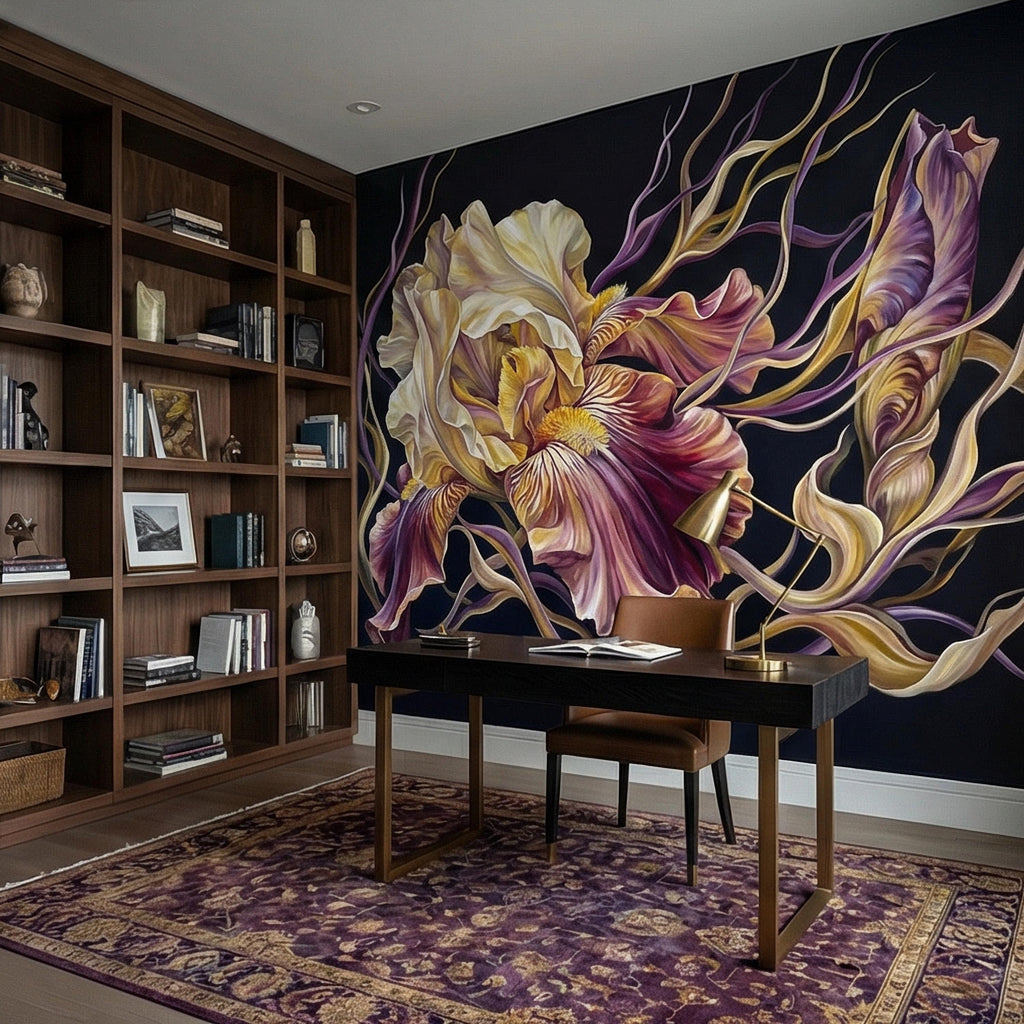 Dramatic Iris Floral Peel and Stick Wall Mural, Moody Purple Cream Botanical Bloom, Large Scale Painterly Dark Floral Statement Wallpaper