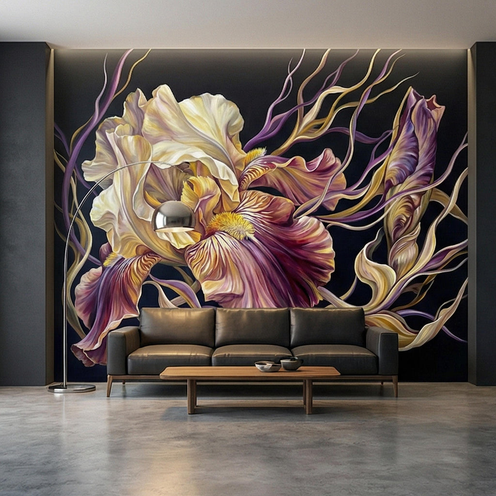 Dramatic Iris Floral Peel and Stick Wall Mural, Moody Purple Cream Botanical Bloom, Large Scale Painterly Dark Floral Statement Wallpaper