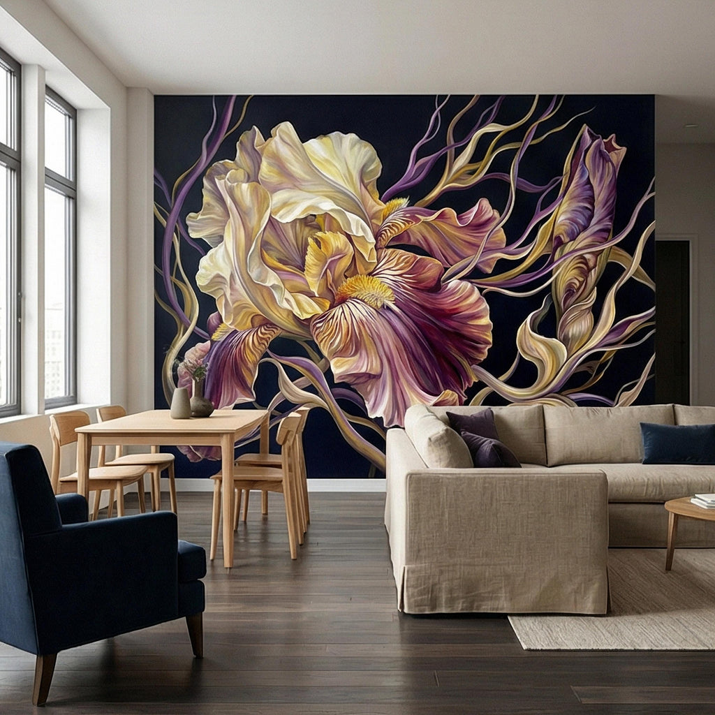Dramatic Iris Floral Peel and Stick Wall Mural, Moody Purple Cream Botanical Bloom, Large Scale Painterly Dark Floral Statement Wallpaper