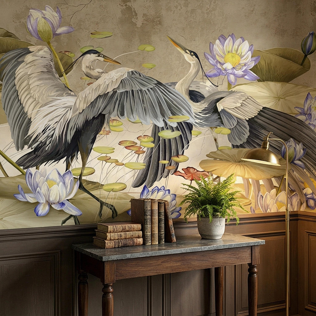 Heron Water Lily Peel and Stick Wall Mural, Chinoiserie Lotus Pond Birds, Vintage Botanical Lily Pad, Soft Blue Beige Wallpaper