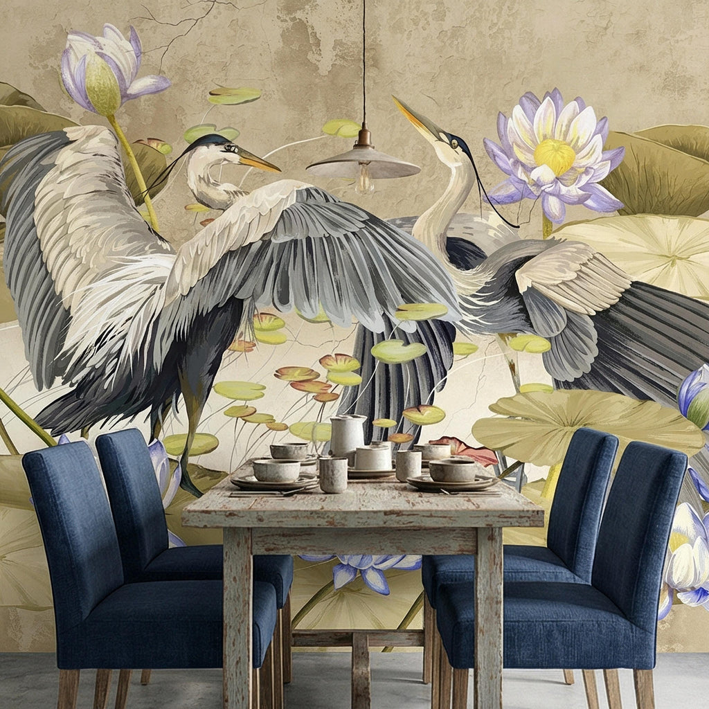 Heron Water Lily Peel and Stick Wall Mural, Chinoiserie Lotus Pond Birds, Vintage Botanical Lily Pad, Soft Blue Beige Wallpaper