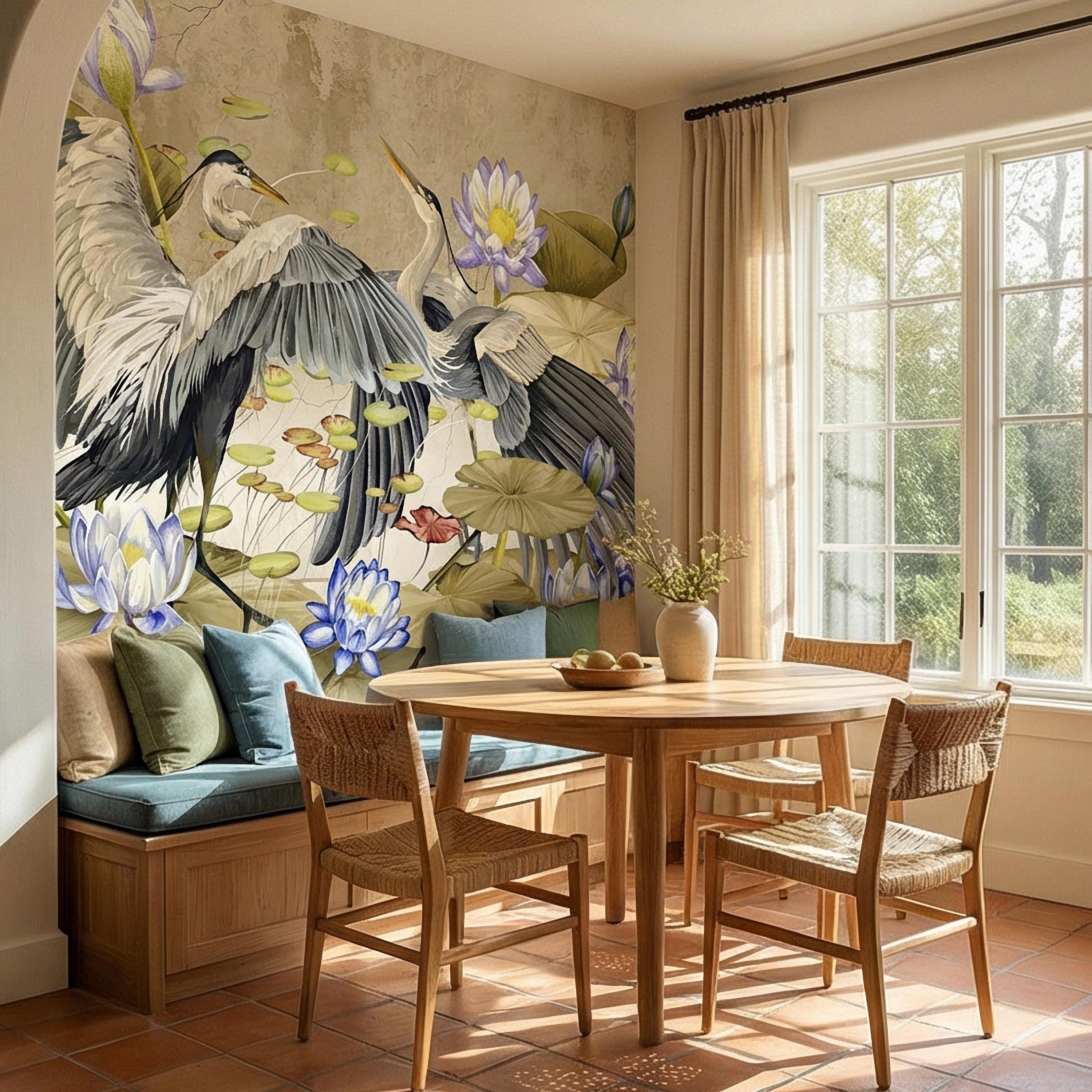 Heron Water Lily Peel and Stick Wall Mural, Chinoiserie Lotus Pond Birds, Vintage Botanical Lily Pad, Soft Blue Beige Wallpaper