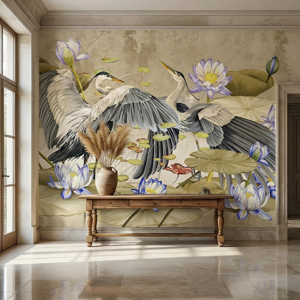 Heron Water Lily Peel and Stick Wall Mural, Chinoiserie Lotus Pond Birds, Vintage Botanical Lily Pad, Soft Blue Beige Wallpaper