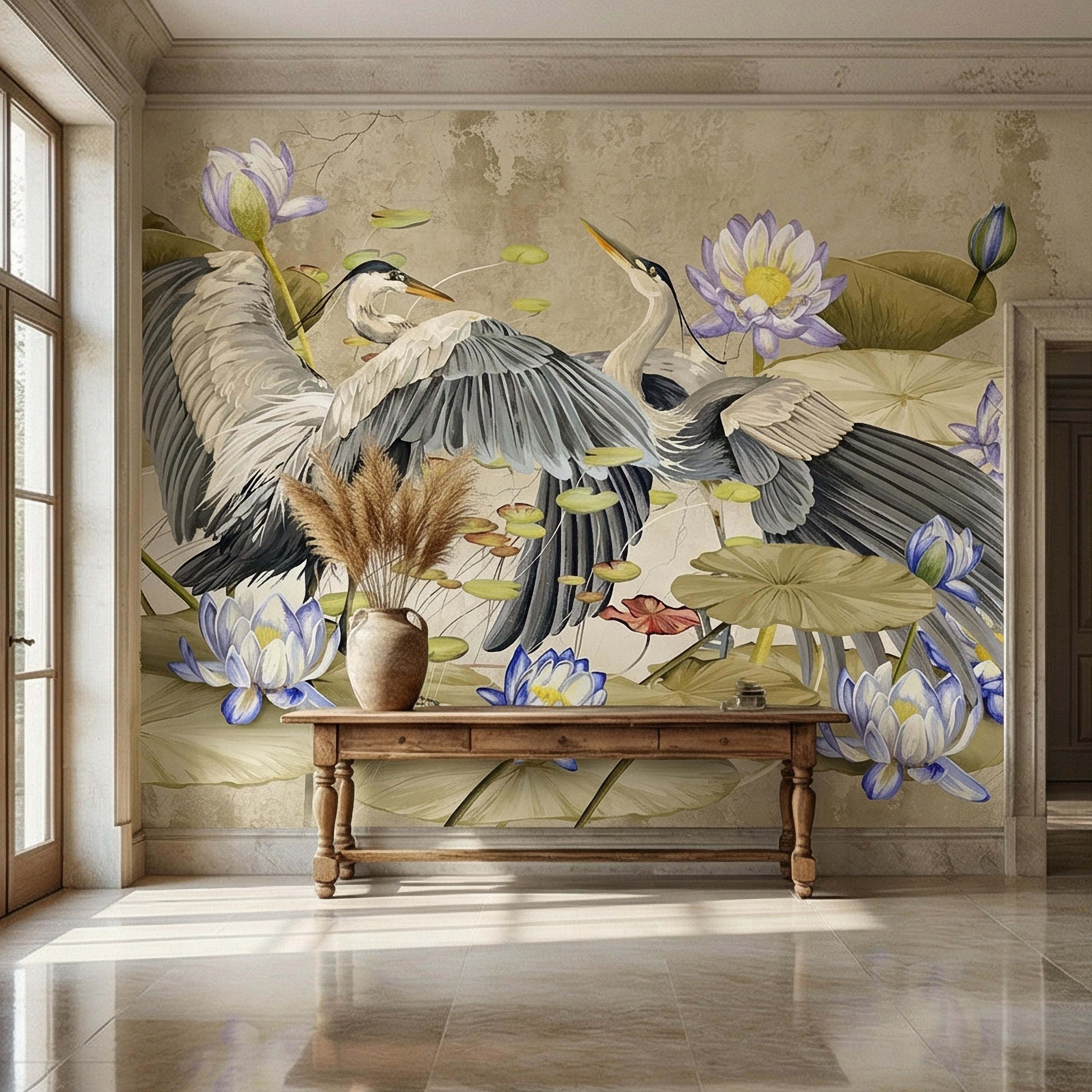Heron Water Lily Peel and Stick Wall Mural, Chinoiserie Lotus Pond Birds, Vintage Botanical Lily Pad, Soft Blue Beige Wallpaper