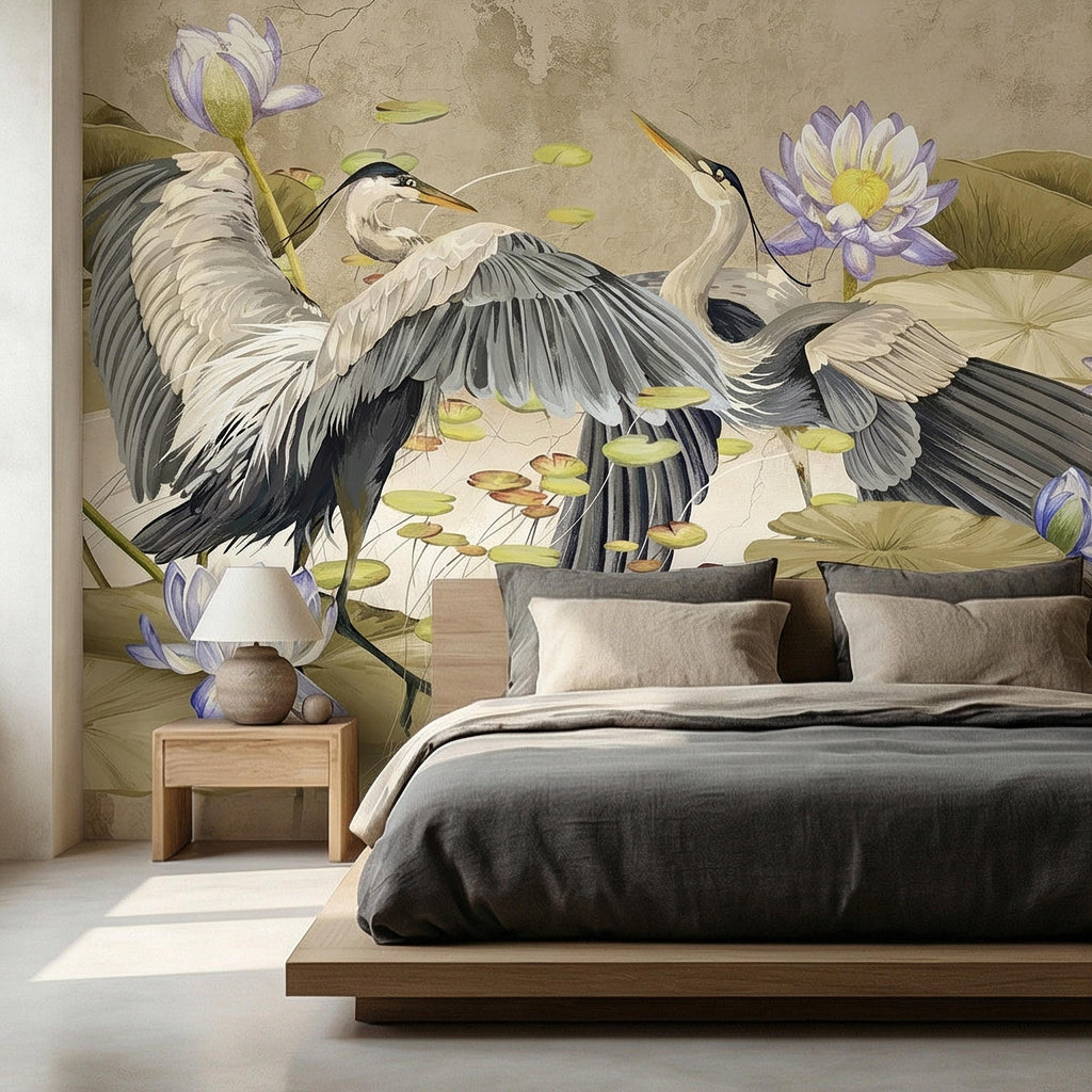 Heron Water Lily Peel and Stick Wall Mural, Chinoiserie Lotus Pond Birds, Vintage Botanical Lily Pad, Soft Blue Beige Wallpaper
