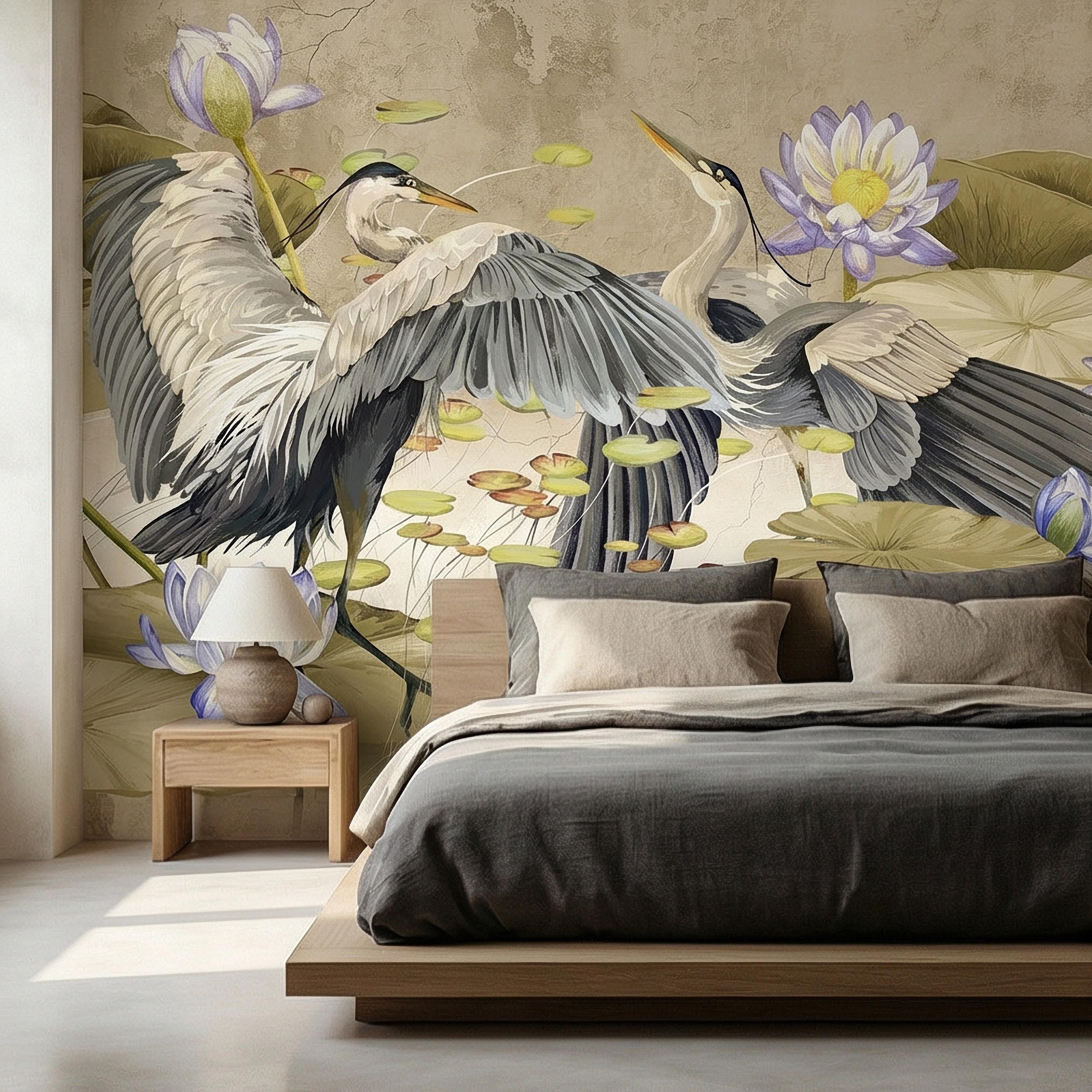 Heron Water Lily Peel and Stick Wall Mural, Chinoiserie Lotus Pond Birds, Vintage Botanical Lily Pad, Soft Blue Beige Wallpaper